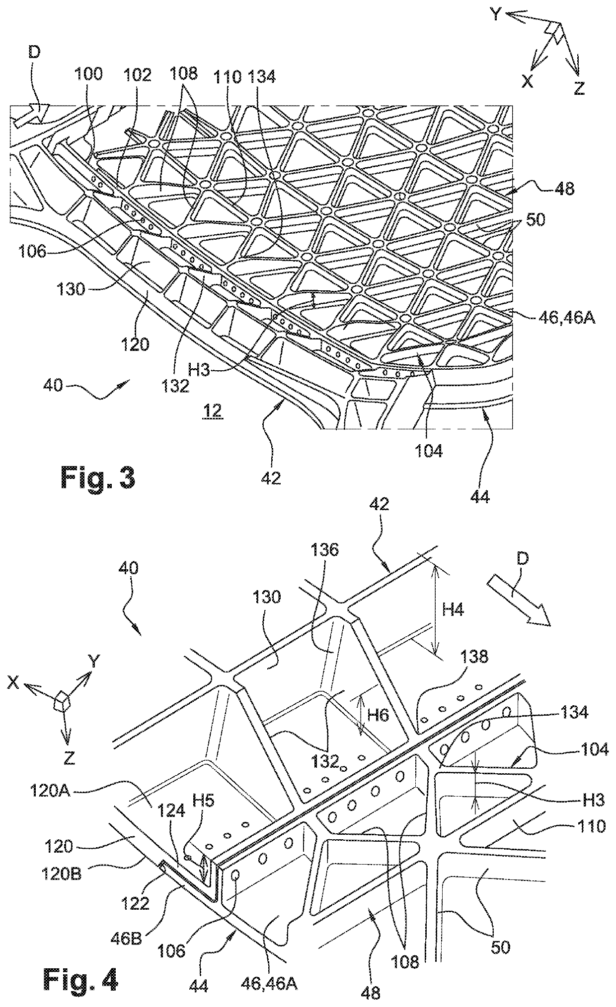 Aircraft assembly comprising a self-stiffened panel comprising a portion of increasing height by means of which the panel is fixed to a structural element