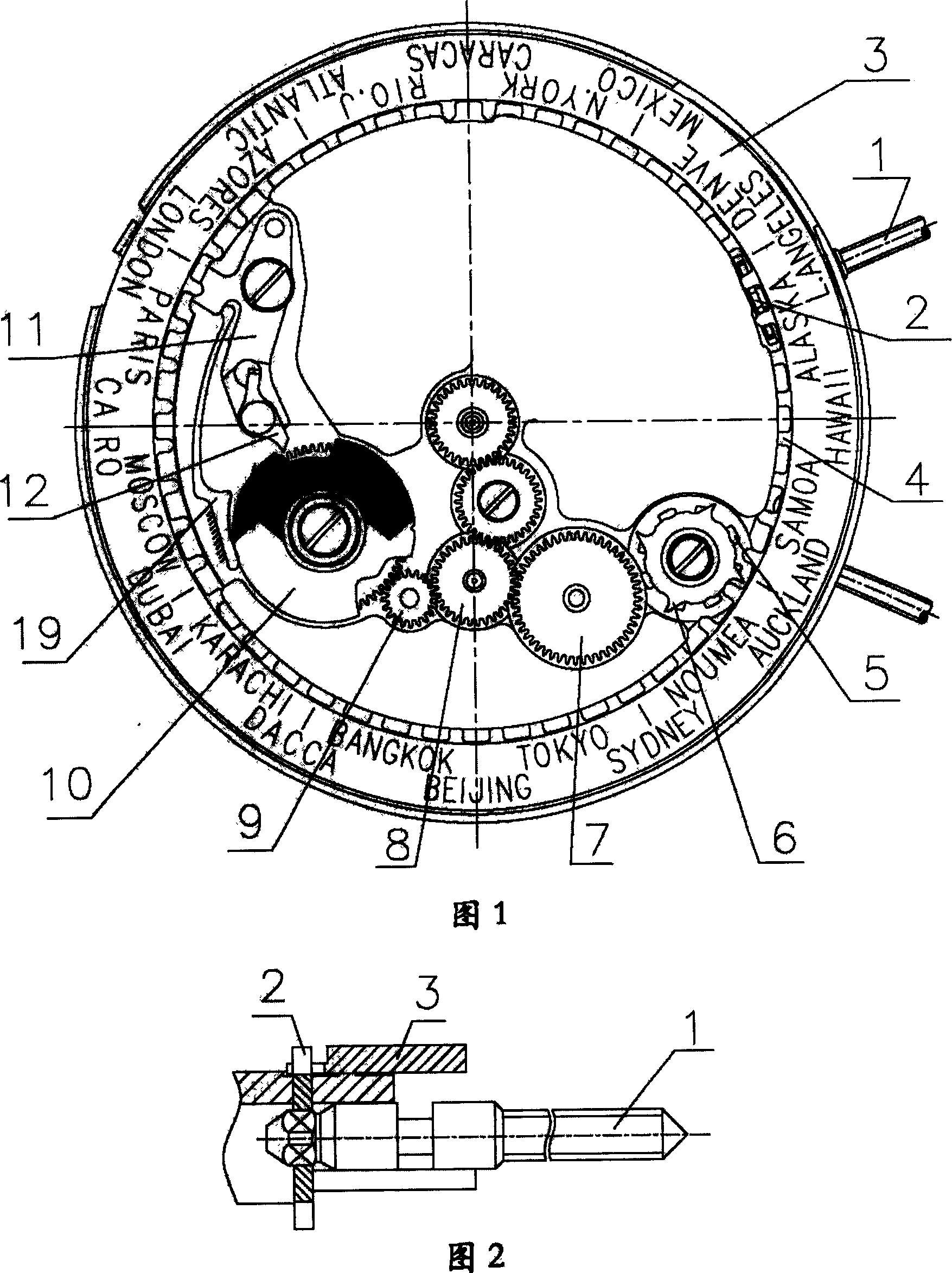Time indication mechanism of two time zone of universal watch