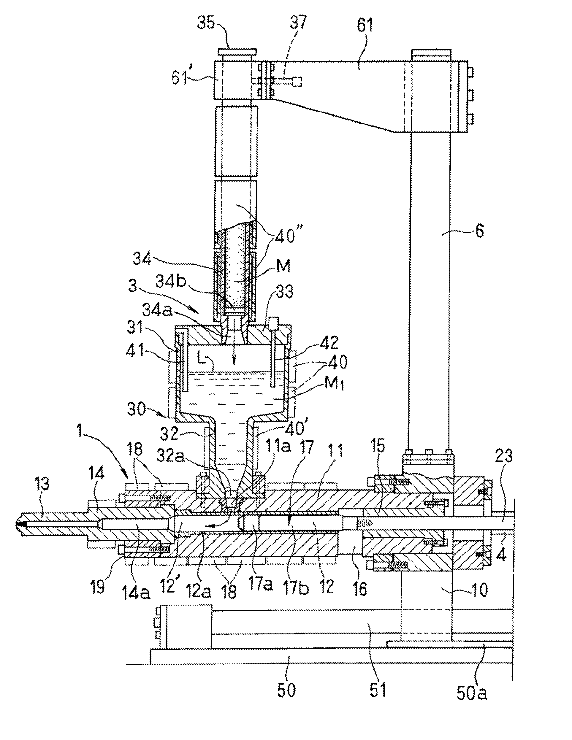 Device for melting, storing, and feeding metal material from bar-shaped metal material intended for injection apparatus for molding metal product