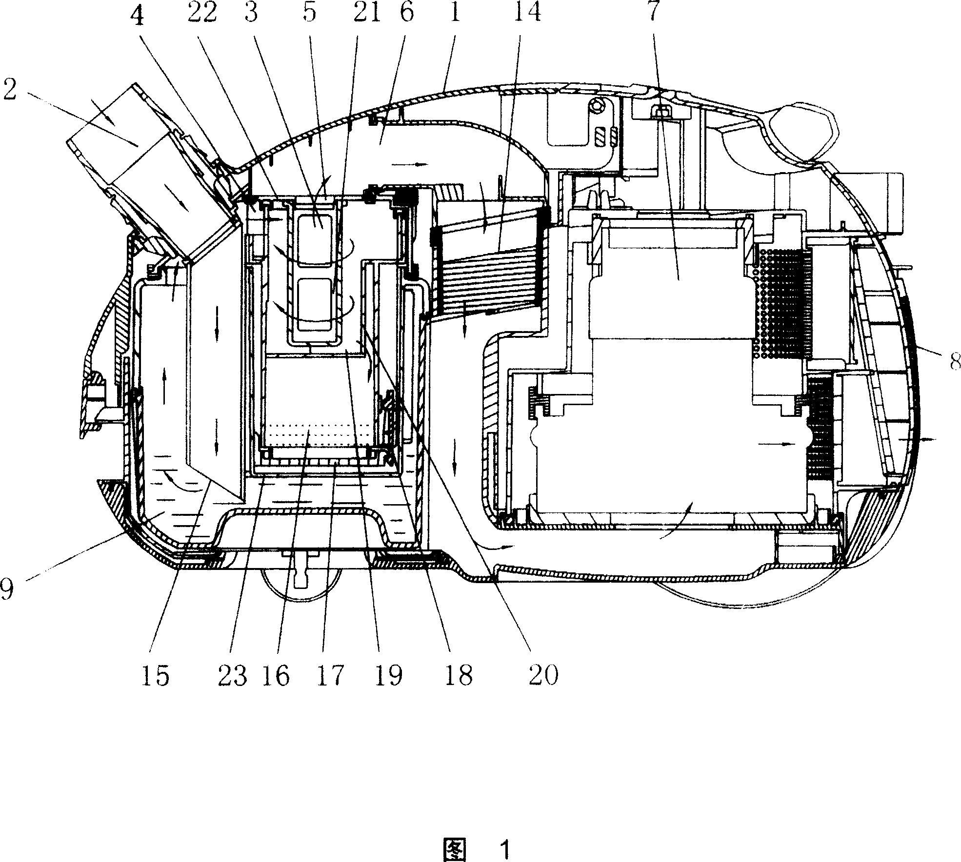 Dust-catcher with water-filtering and vortex separation device