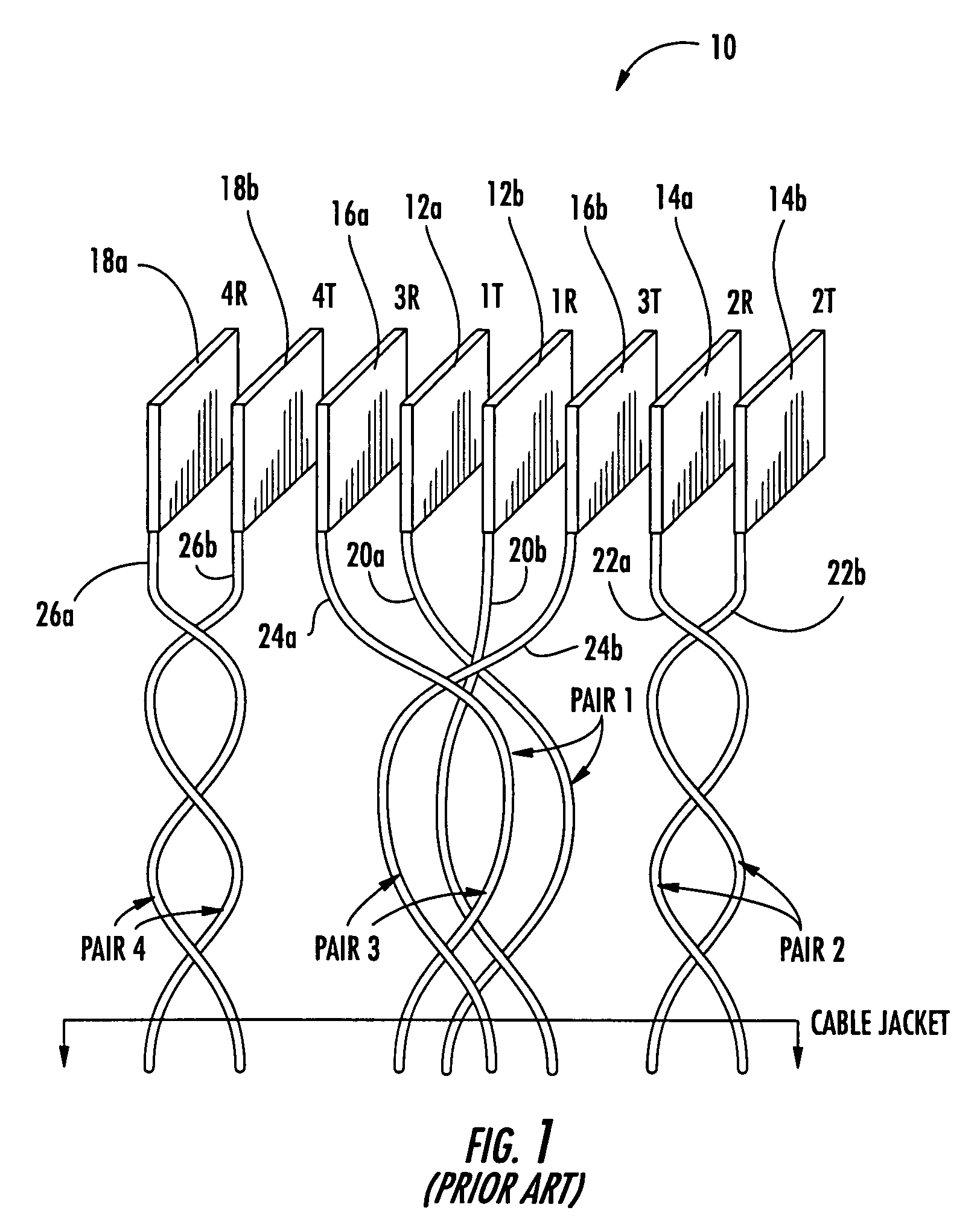 Communication plug with balanced wiring to reduce differential to common mode crosstalk