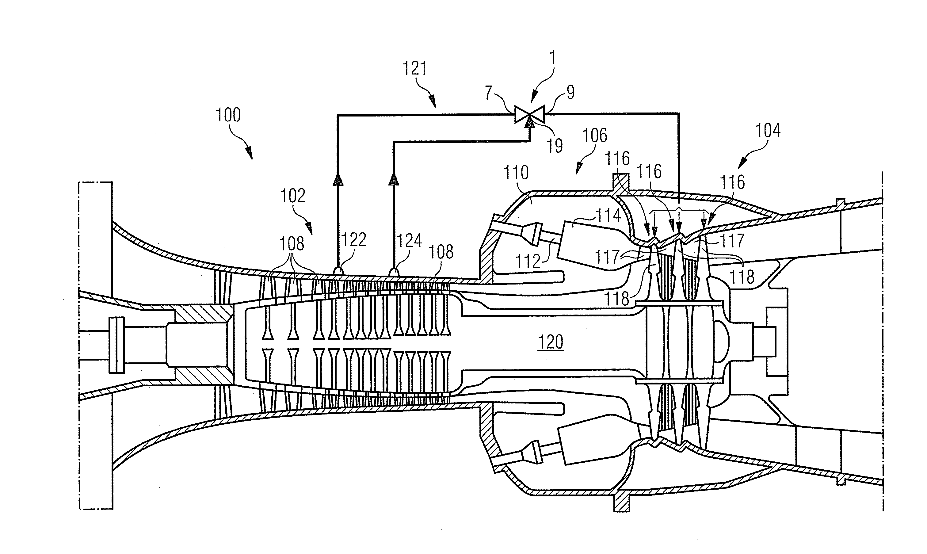Turbine with fluidically-controlled valve and swirler with a bleed hole
