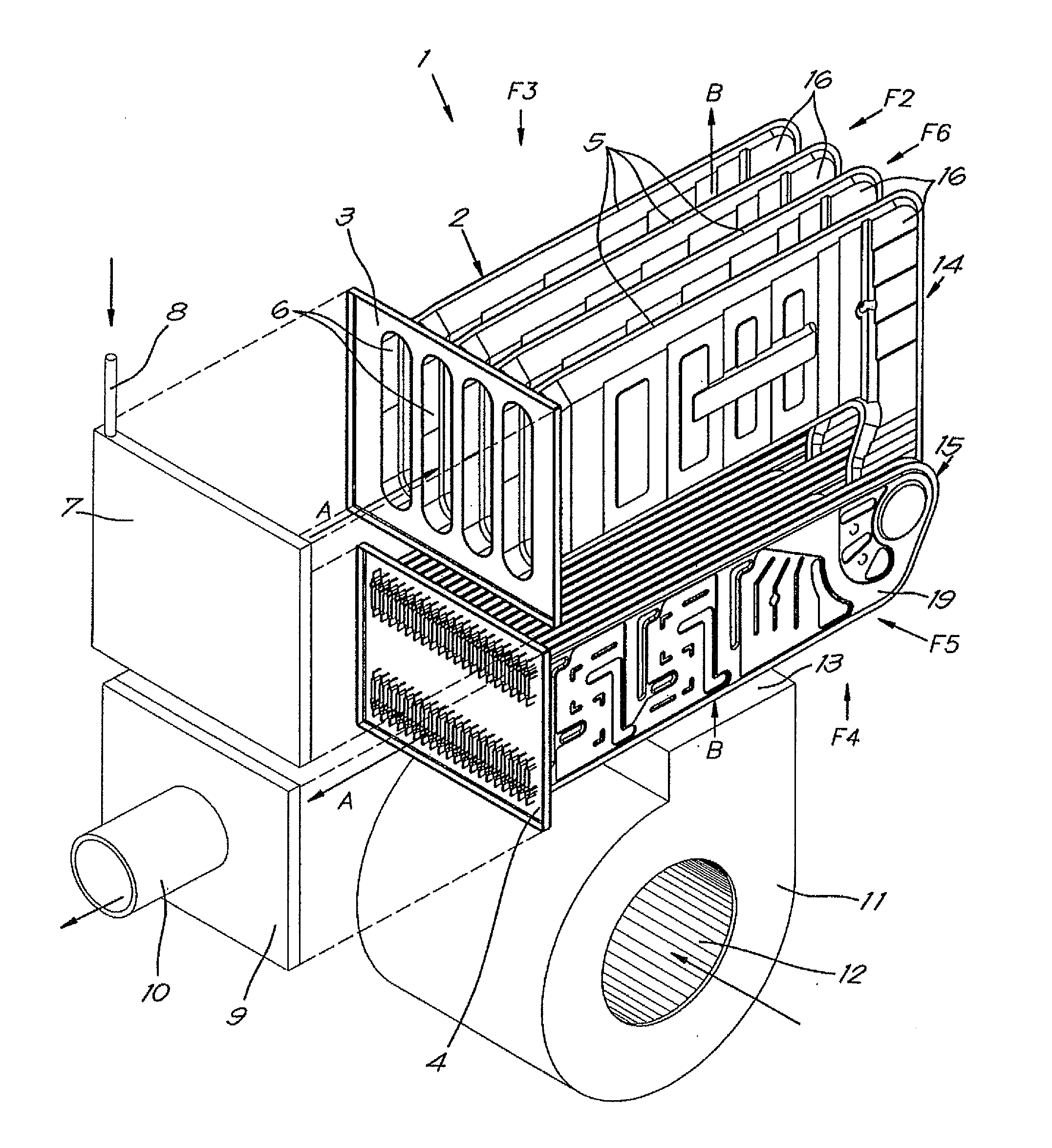 Heat exchanger for a high efficiency hot air heating appliance and heating appliance equipped therewith