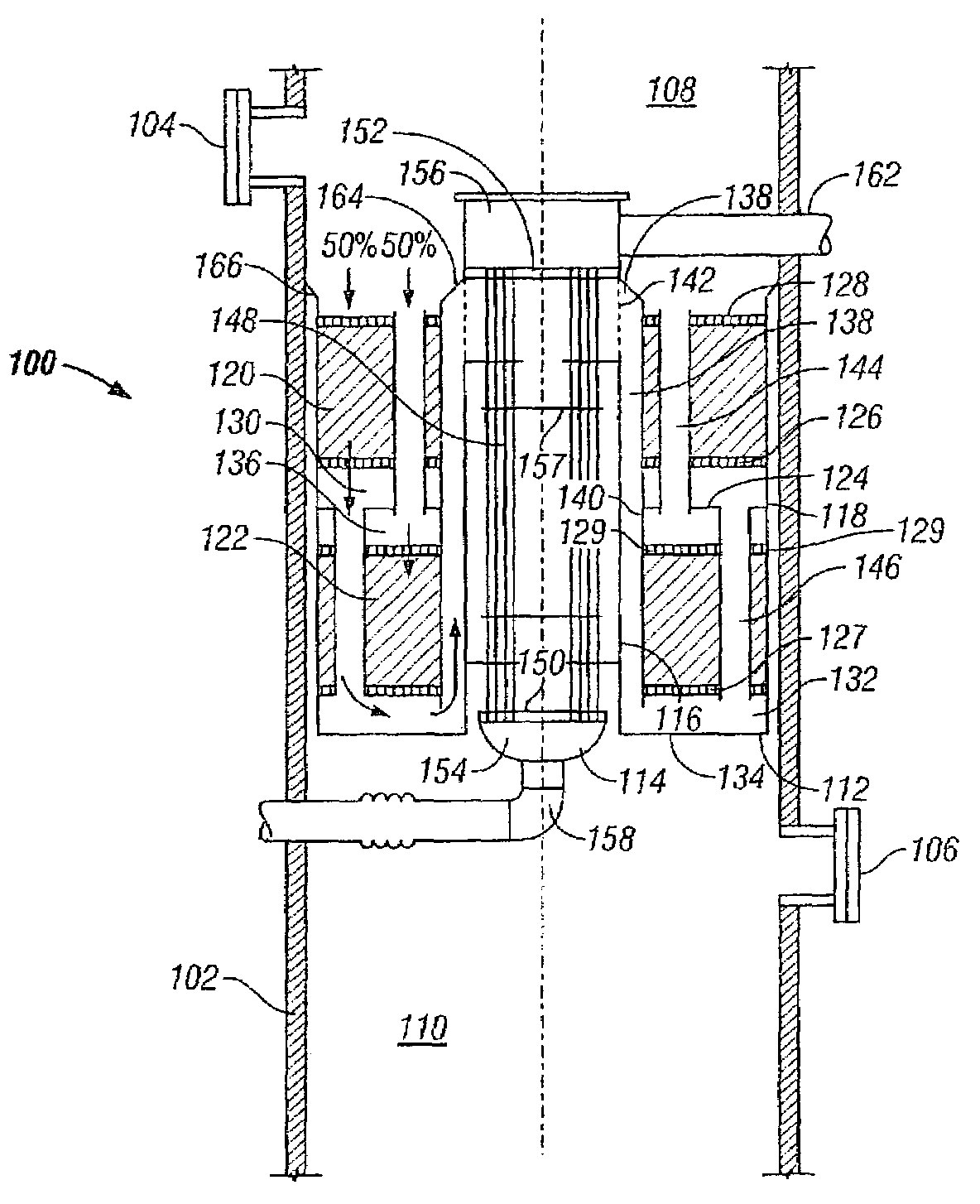 Split-flow, vertical ammonia converter