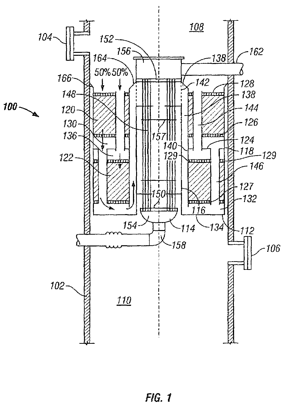 Split-flow, vertical ammonia converter