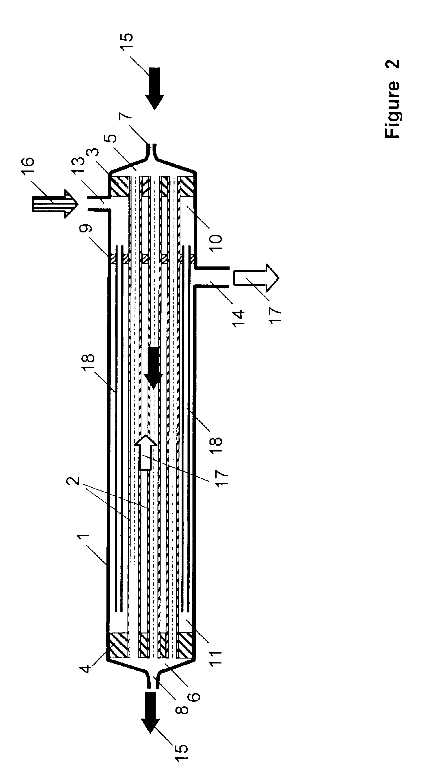 Membrane module for the hemodiafiltration with integrated pre- or postdilution of the blood