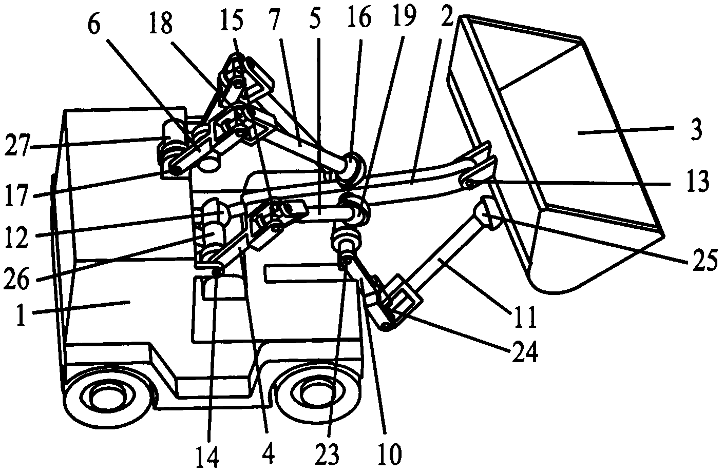 Space controllable mechanism type loader with movable arm capable of three-dimensionally rotating and bucket capable of one-dimensionally rotating