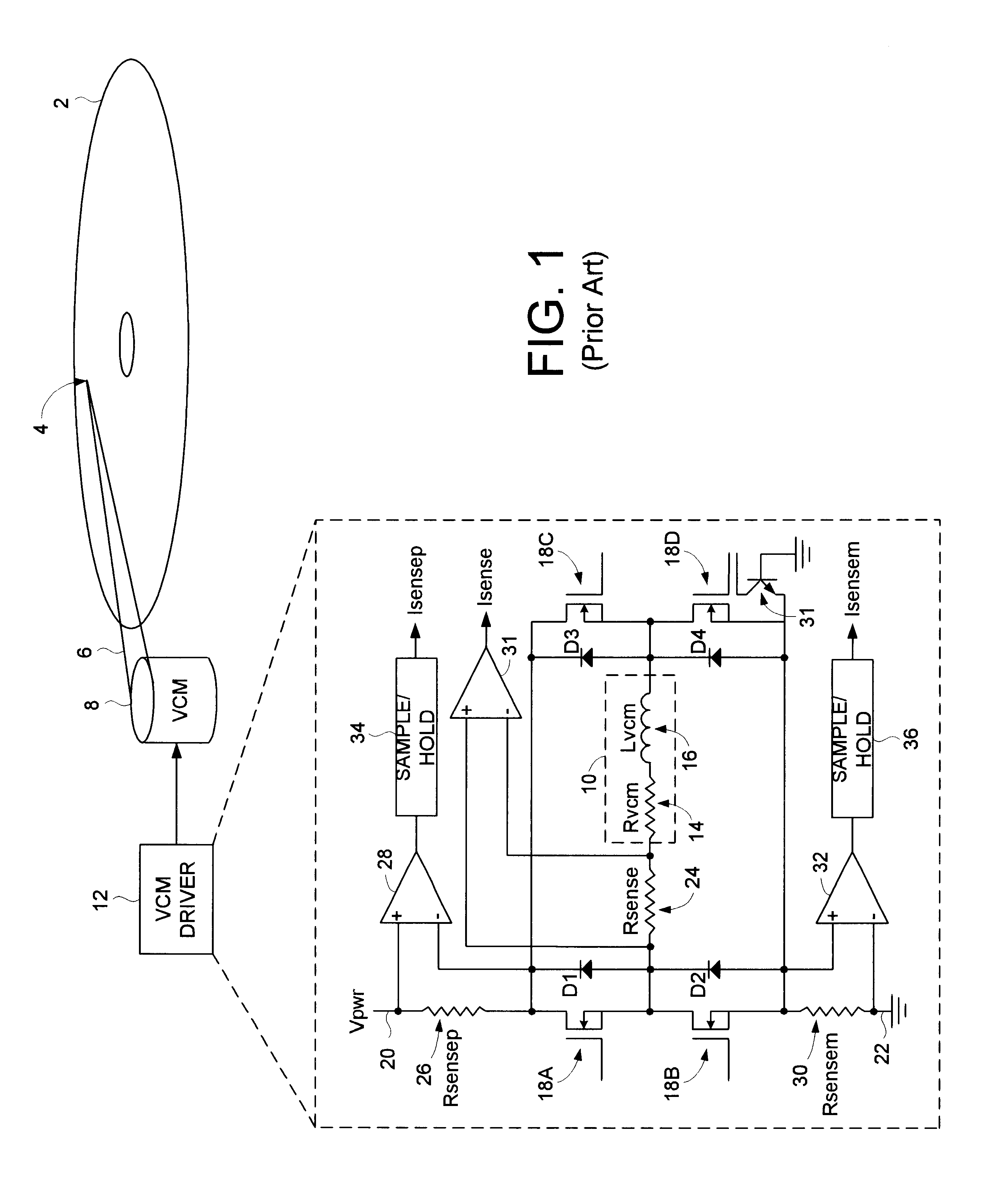 Disk drive comprising oscillators and counters for sensing current in a voice coil motor