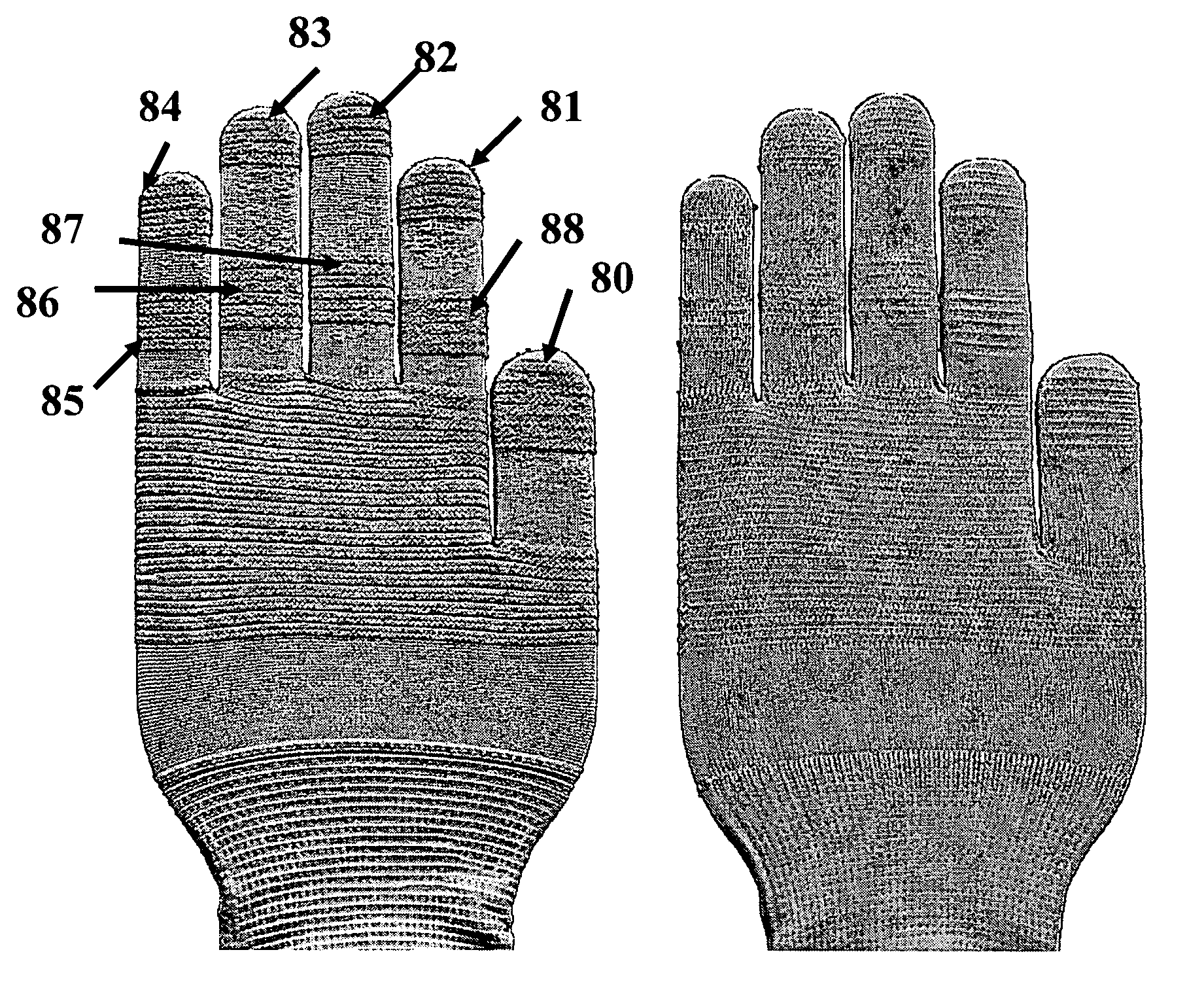 Selective multiple yarn reinforcement of a knitted glove with controlled stitch stretch capability