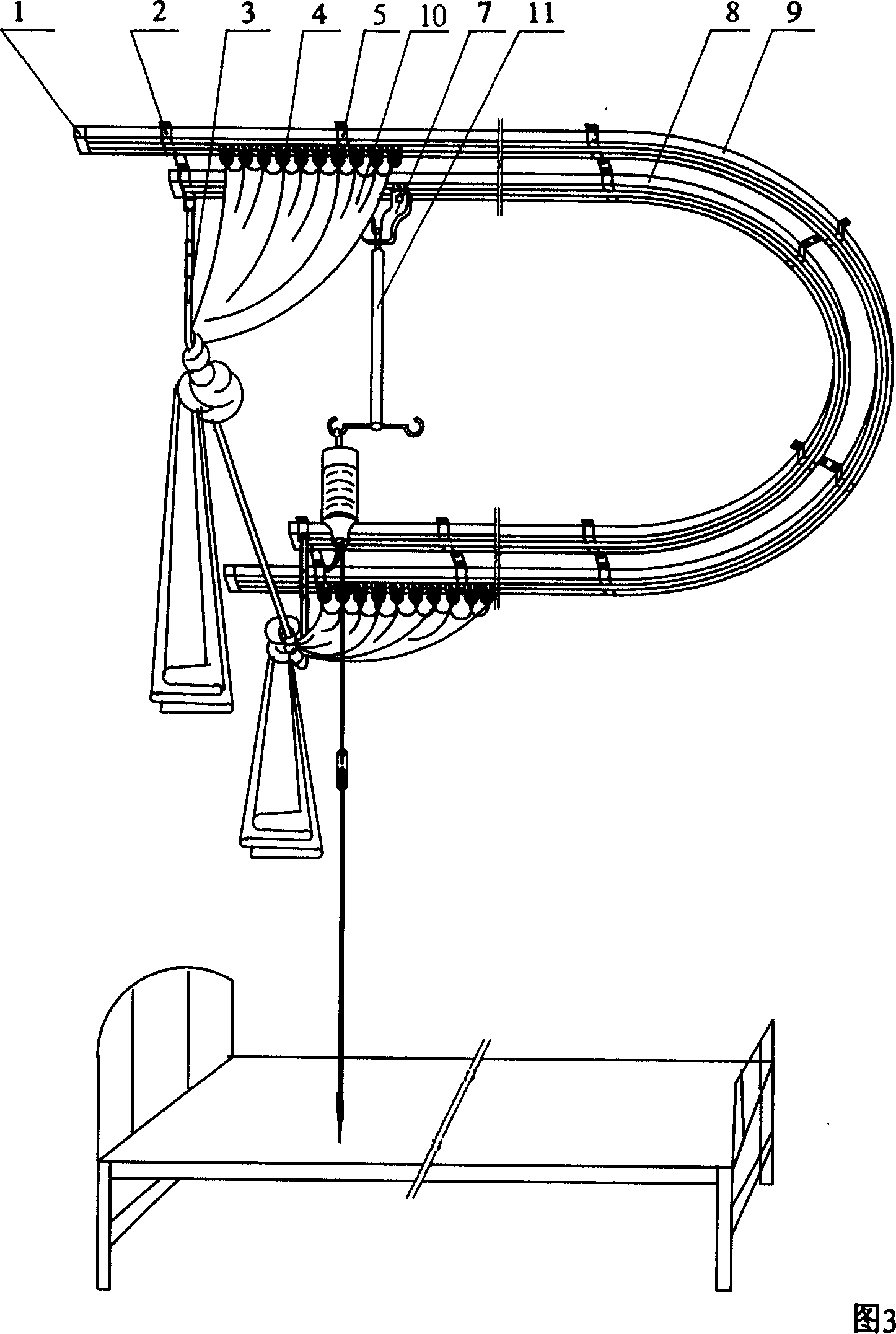 Suspended railing device for medical curtain
