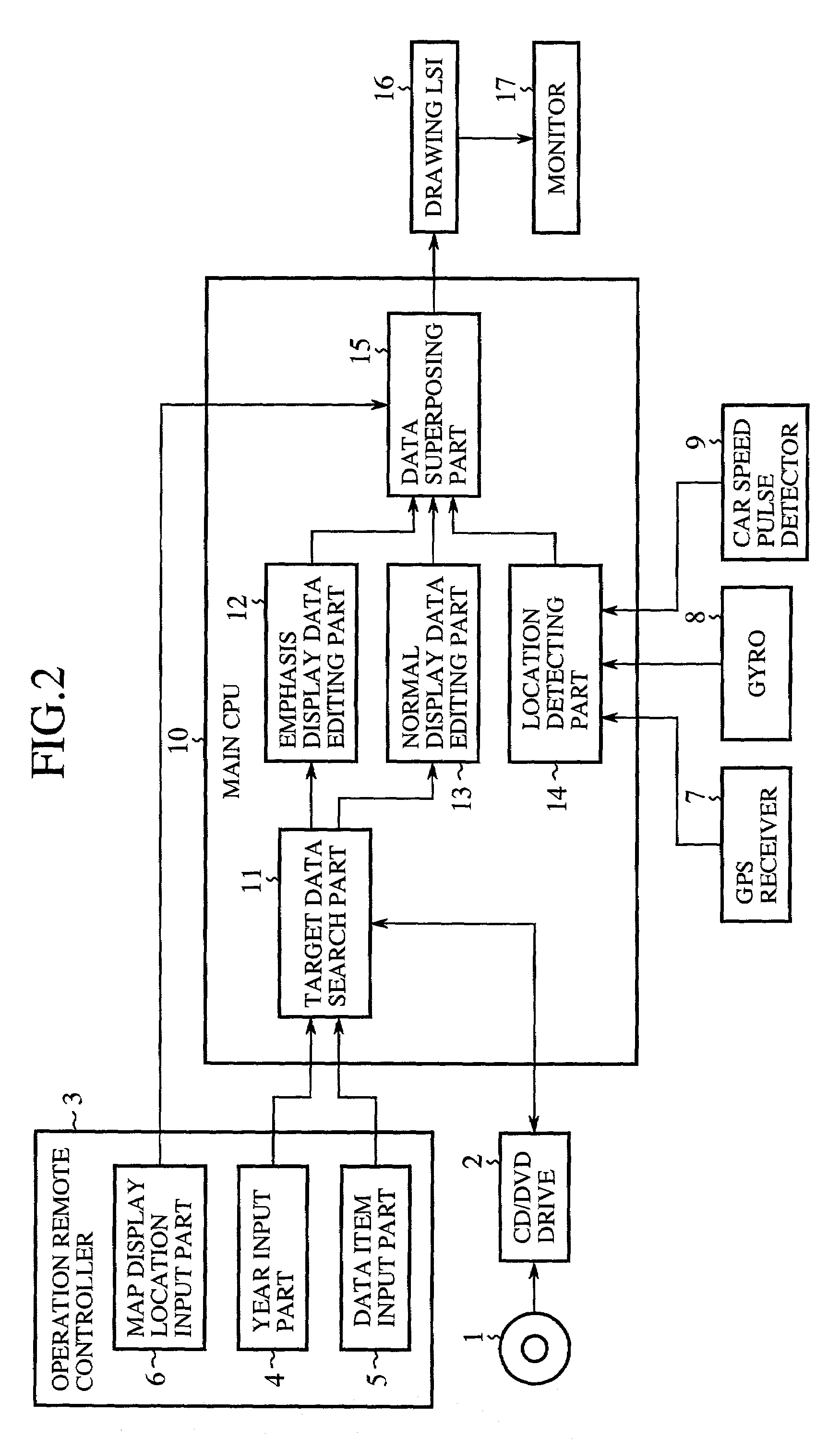 Navigation device for displaying dated map data