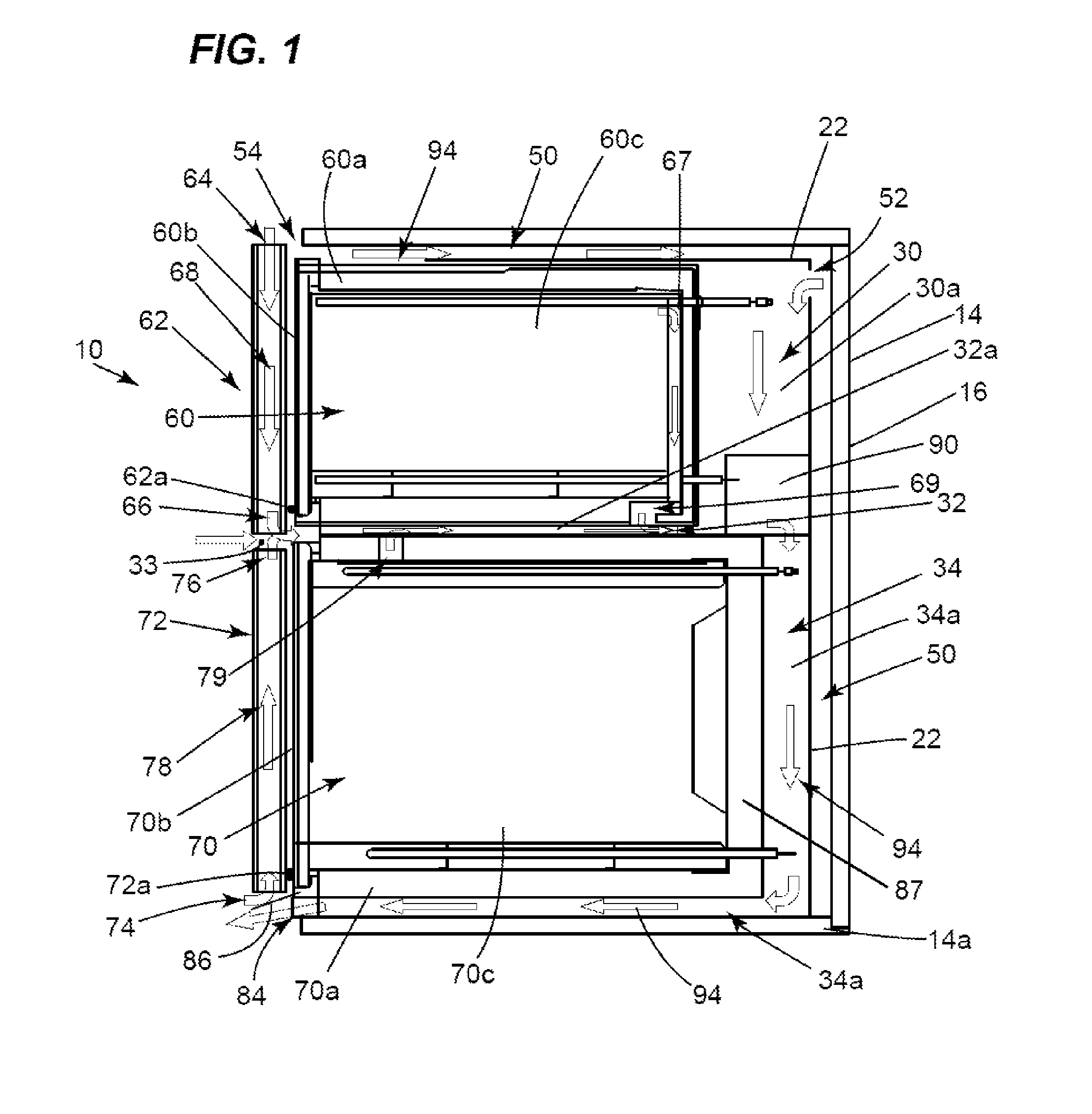 Appliance with a vacuum-based reverse airflow cooling system using one fan