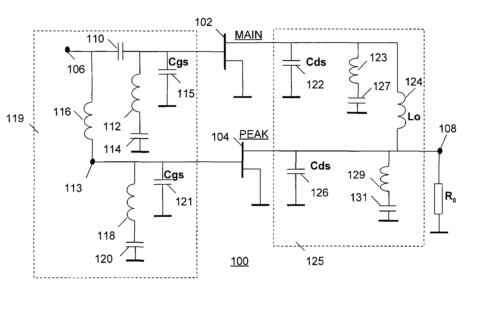 Doherty amplifier with input network optimized for MMIC