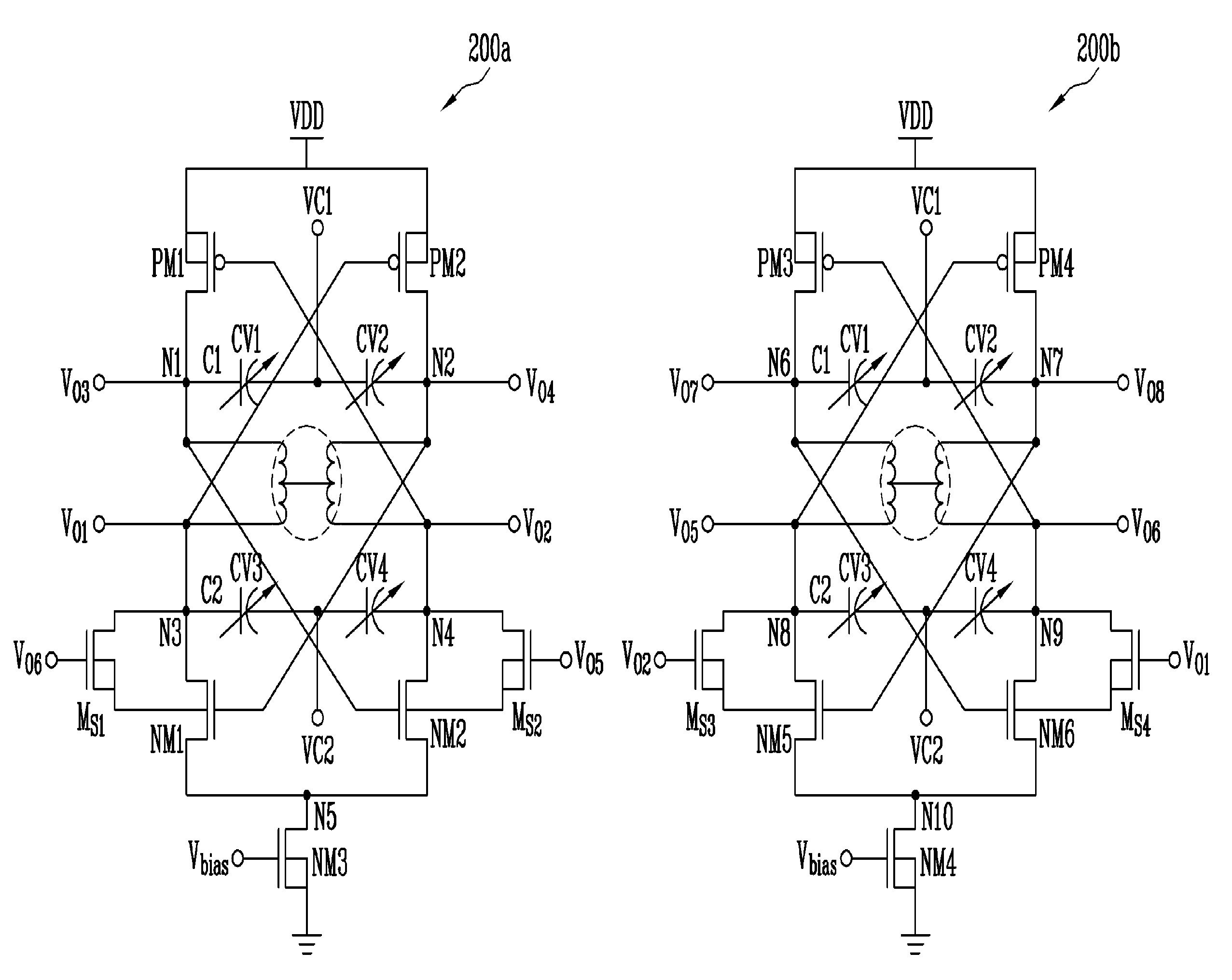 Differential VCO and quadrature VCO using center-tapped cross-coupling of transformer
