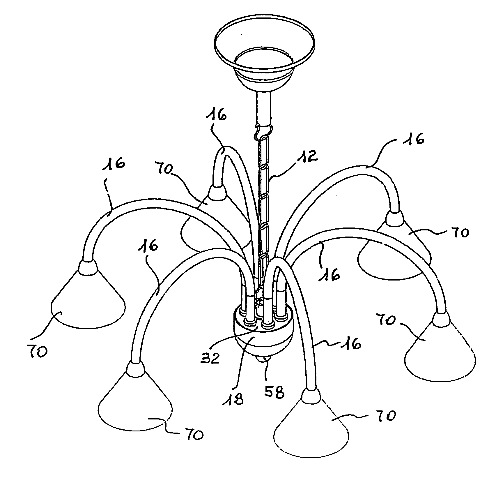 Modular lighting fixture with improved device for connecting the arms to the respective support