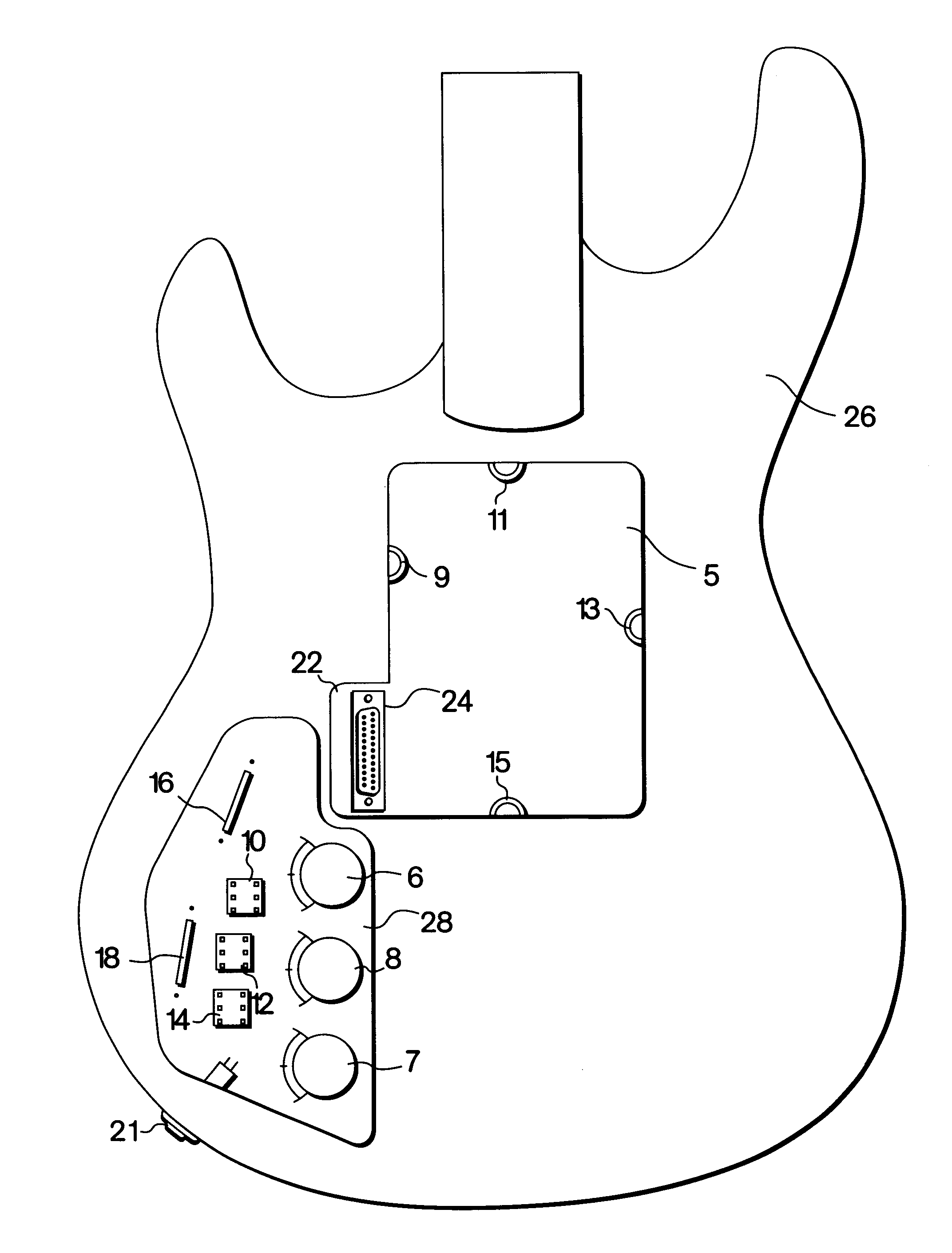 Electric stringed instrument with interchangeable pickup assemblies which connect to electronic components fixed within the guitar body