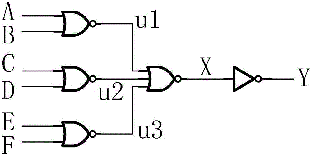 Circuit for achieving transistor level implementation scheme of six-input-end combinational logic circuit