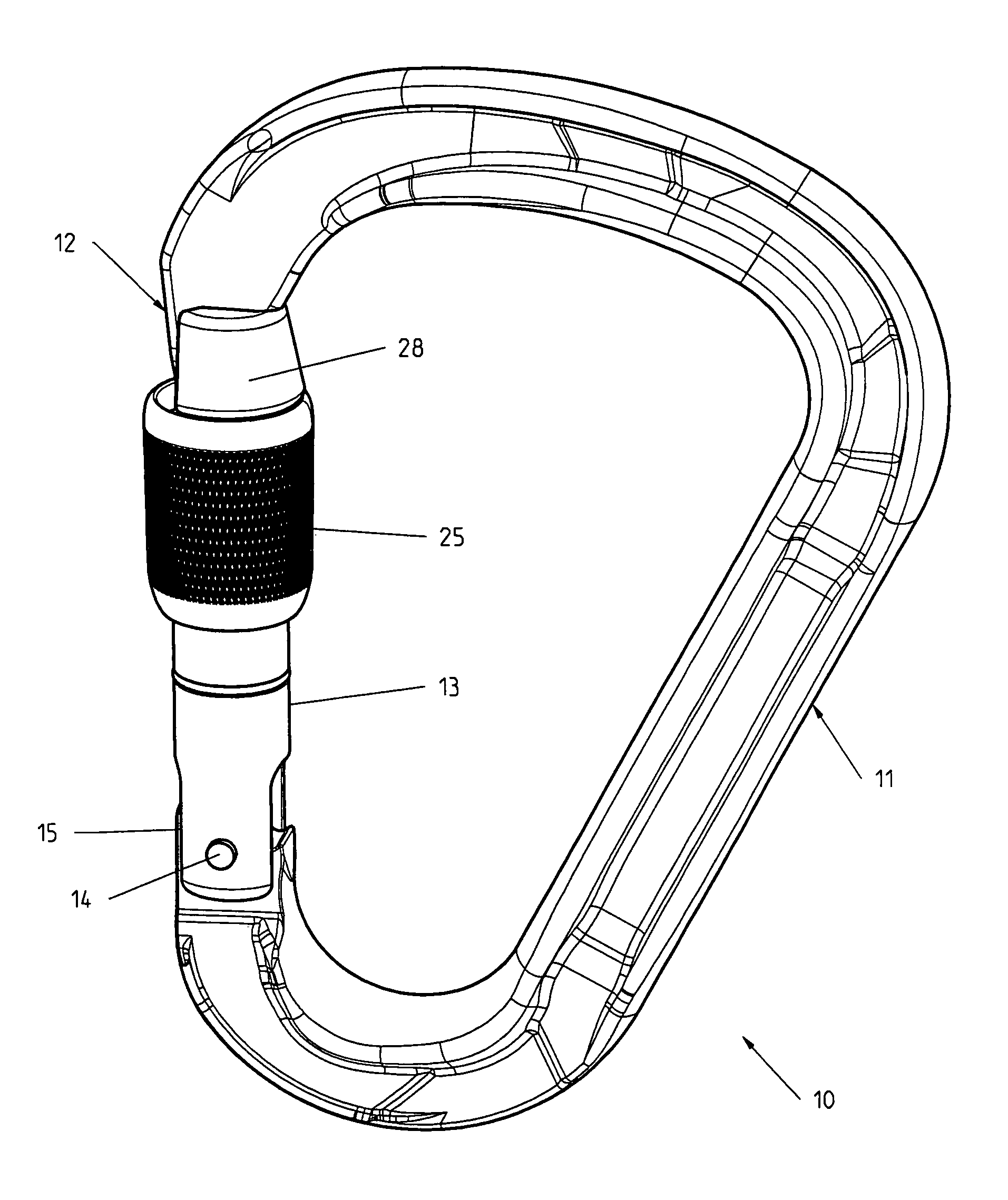 Carabiner with pivoting gate equipped with a locking ring
