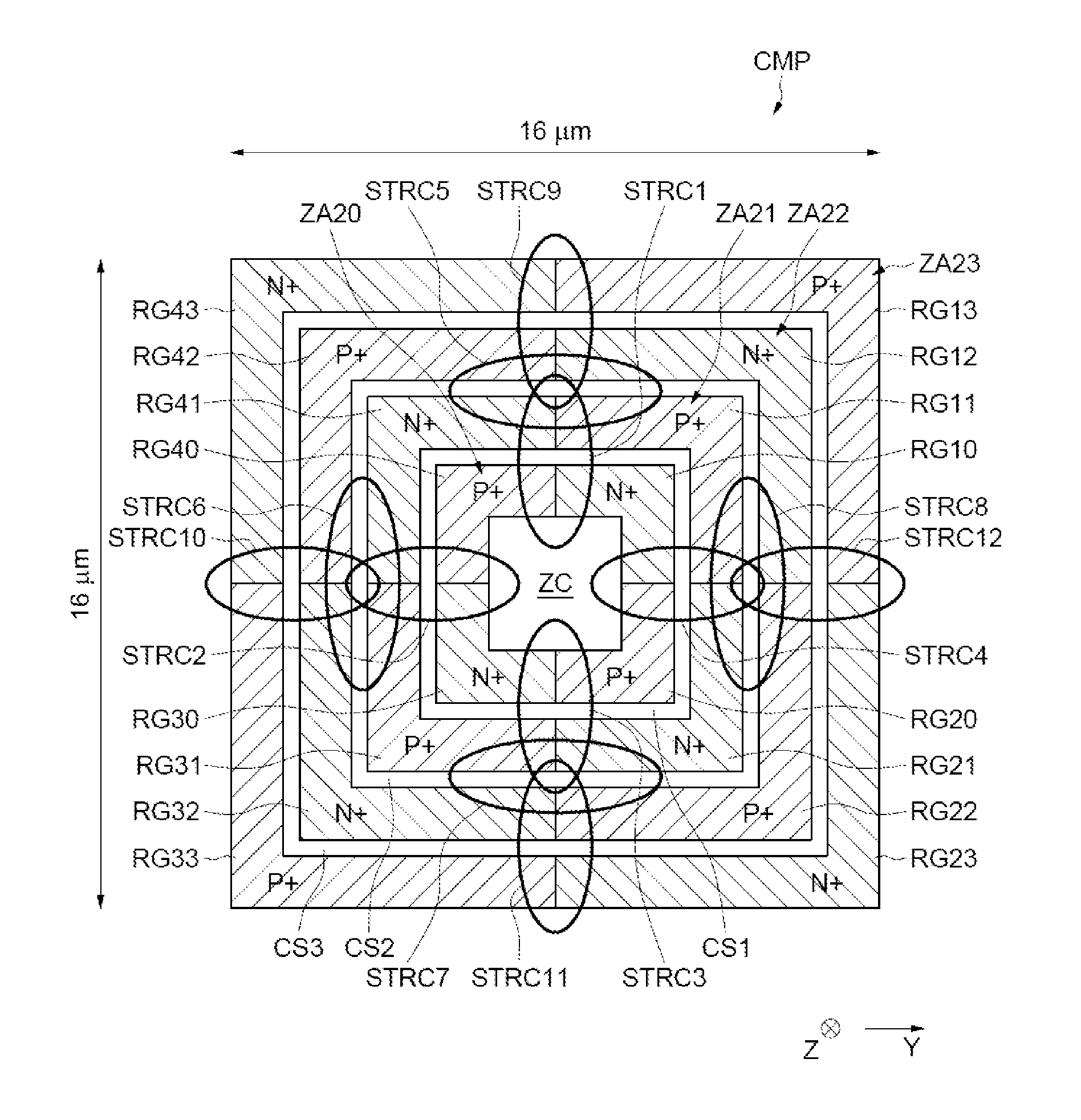 Electronic device for protection against electrostatic discharges, with a concentric structure