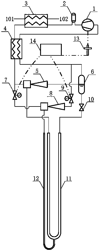 Oil return system of straight expanding ground-source heat pump system with double injectors and oil return method thereof