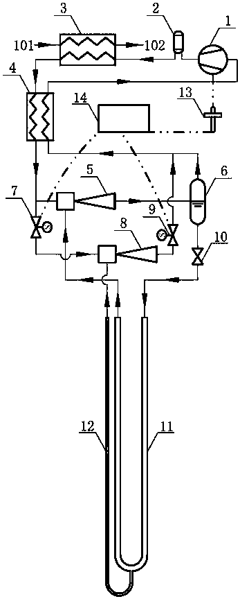 Oil return system of straight expanding ground-source heat pump system with double injectors and oil return method thereof
