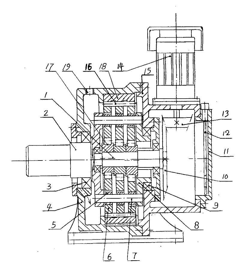 Large-torque cone-hypocycloid speed reducer of rotary brush aeration machine