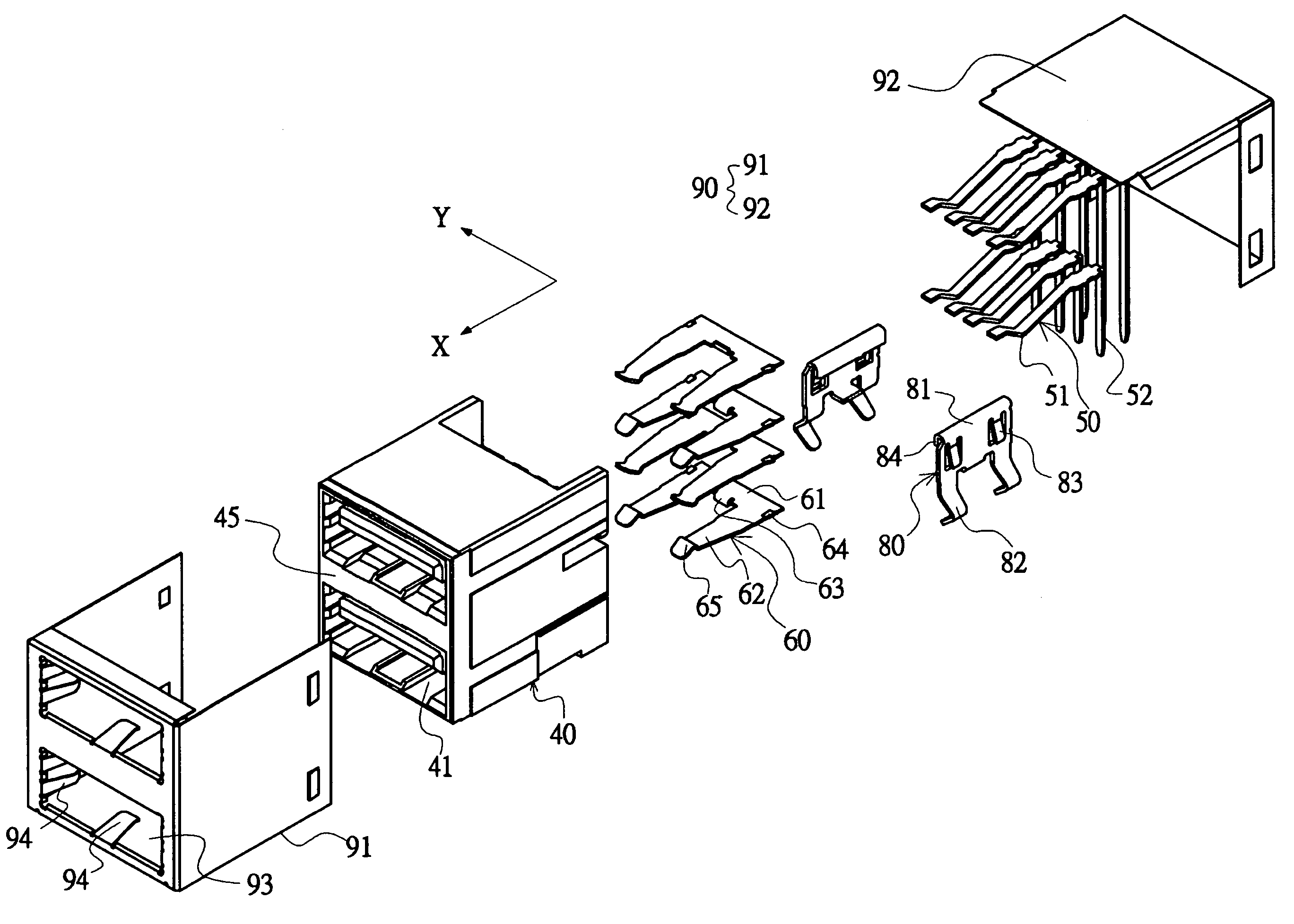 Electrical connector having a fastening assembly and a metal housing that pertain to different parts