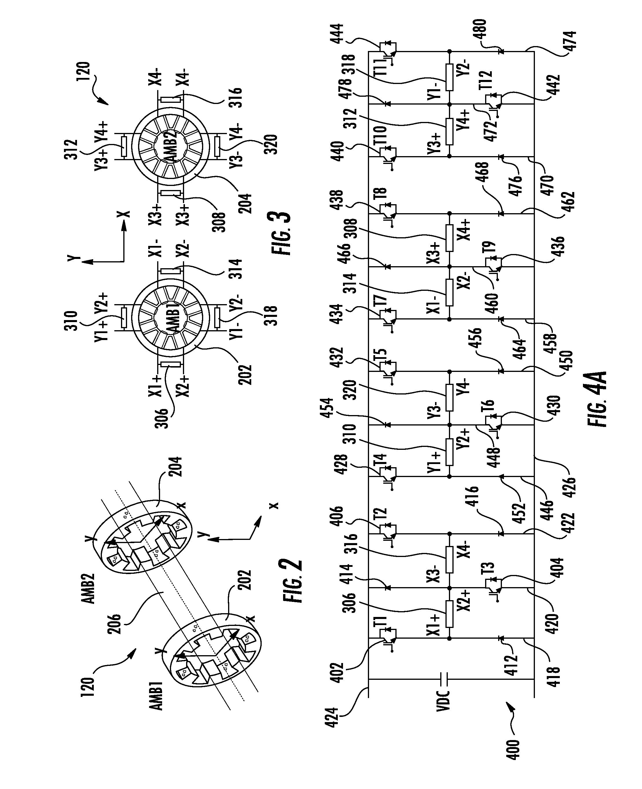 Multiple-axis magnetic bearing and control of the magnetic bearing with active switch topologies