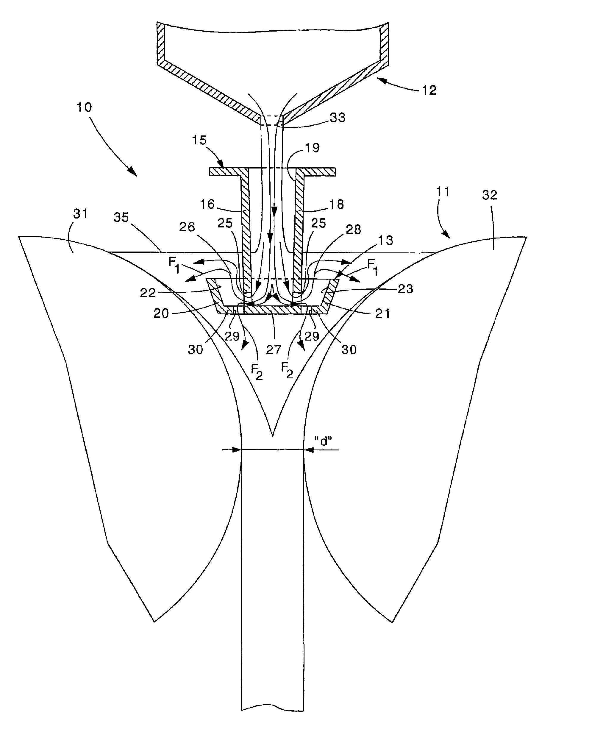 Device to discharge liquid steel from a container to a crystallizer with rollers
