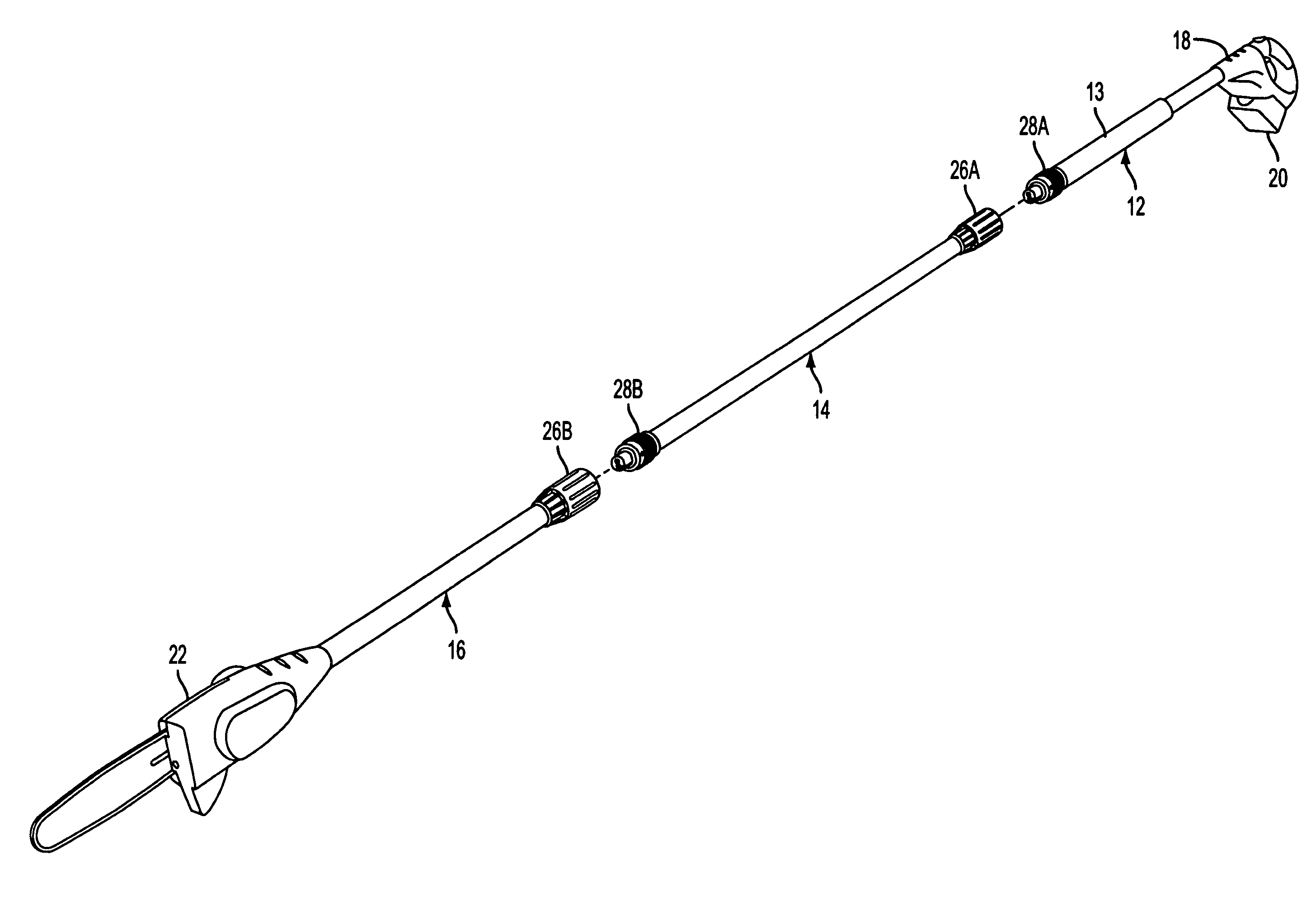 Extensible pole saw having separable sections