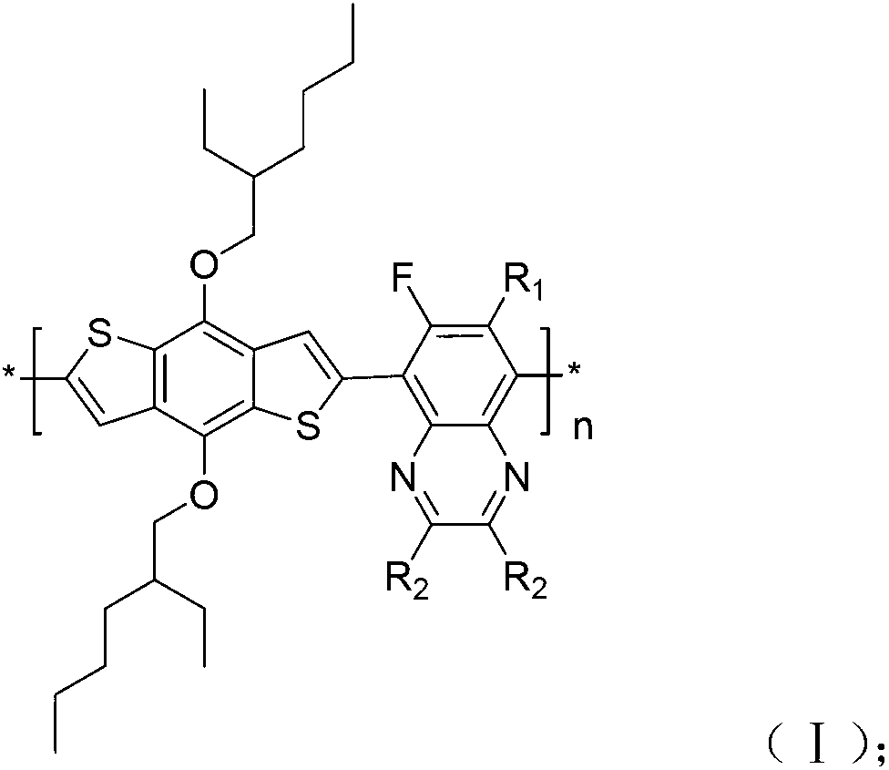 Conjugated polymer of 4, 8-diisooctyl alkoxy phenyl [1, 2-b; 3, 4-b] bithiophene and fluoro-quinoxaline