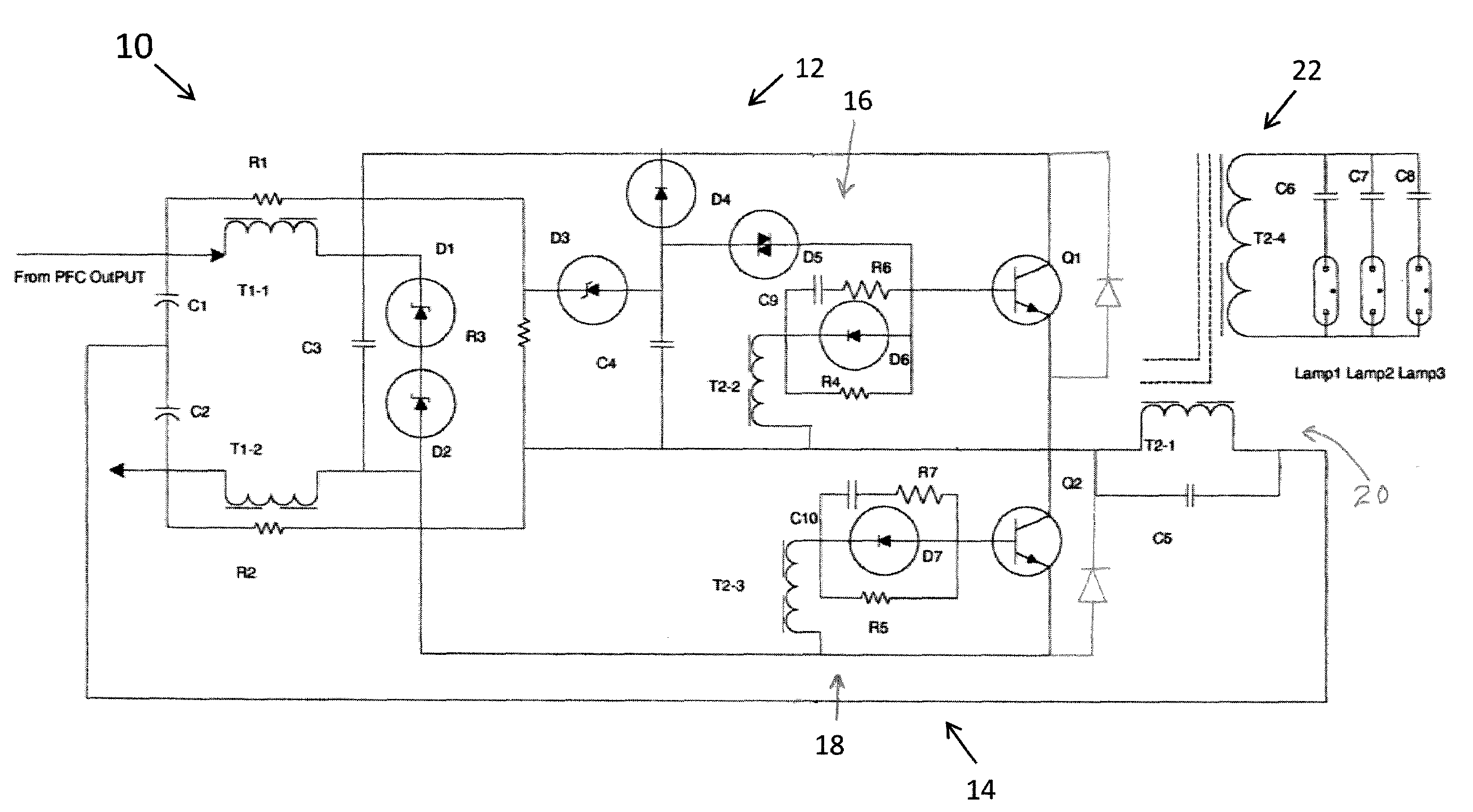 Circuit with improved efficiency and crest factor for current fed bipolar junction transistor (BJT) based electronic ballast