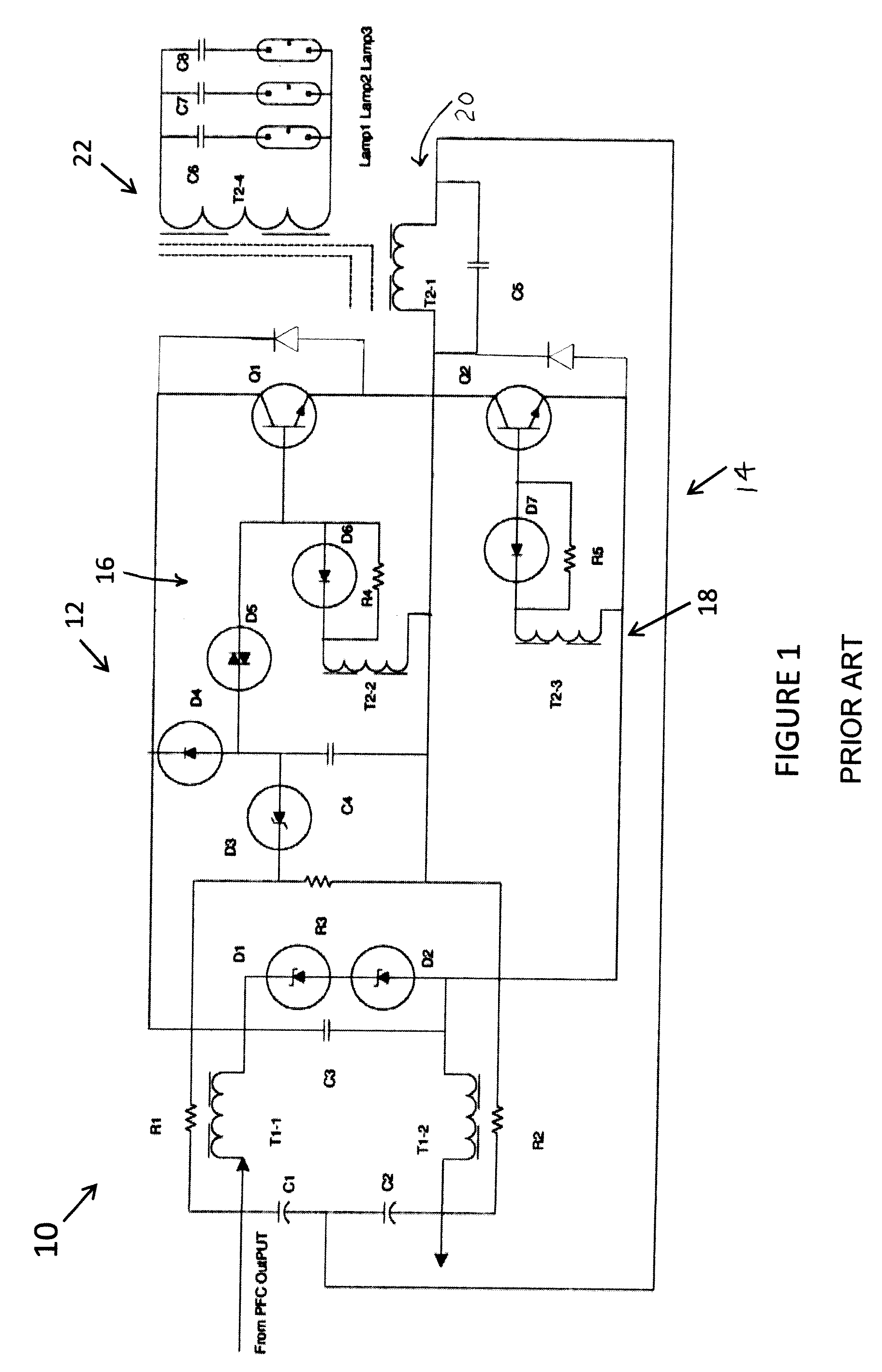 Circuit with improved efficiency and crest factor for current fed bipolar junction transistor (BJT) based electronic ballast