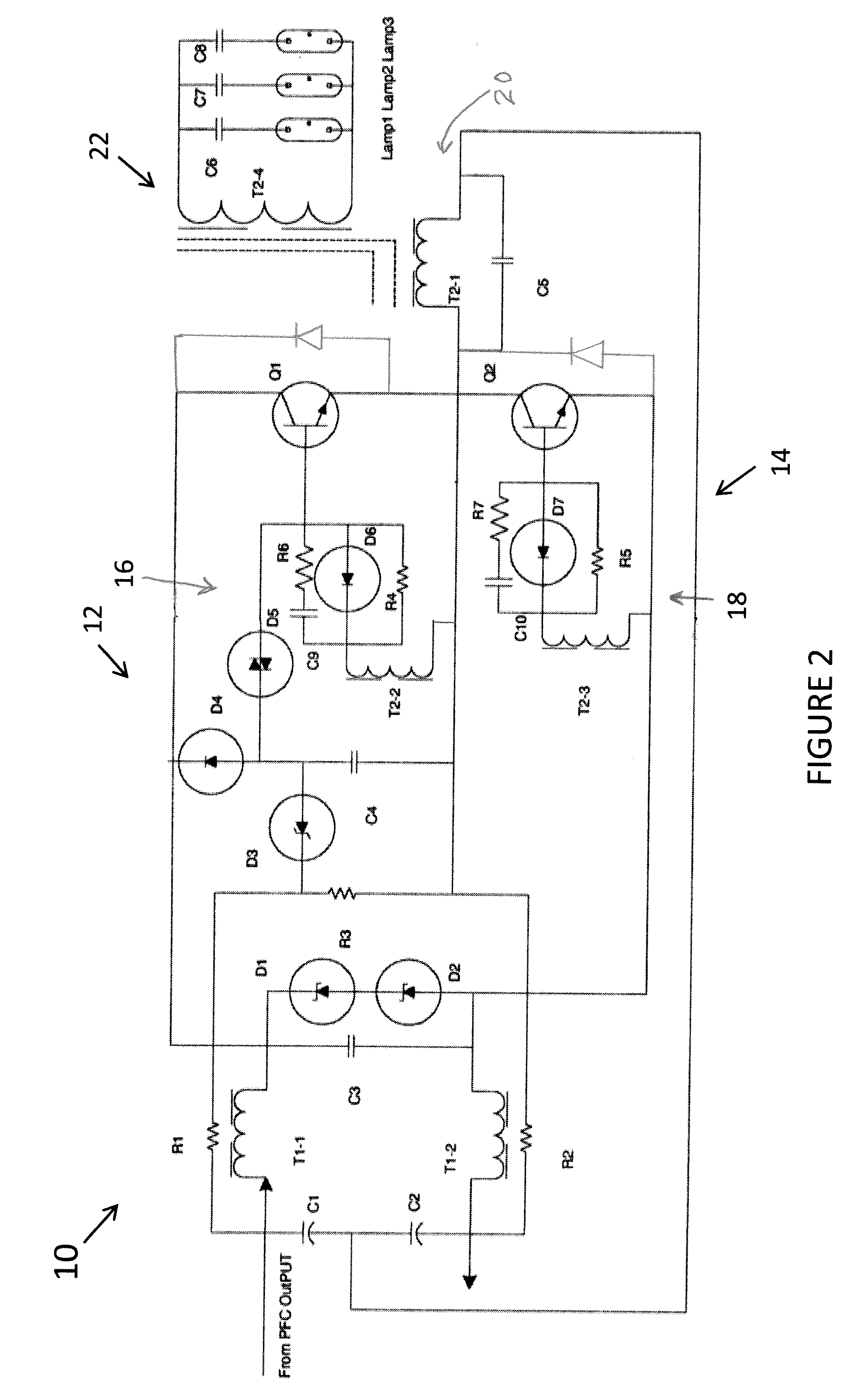 Circuit with improved efficiency and crest factor for current fed bipolar junction transistor (BJT) based electronic ballast