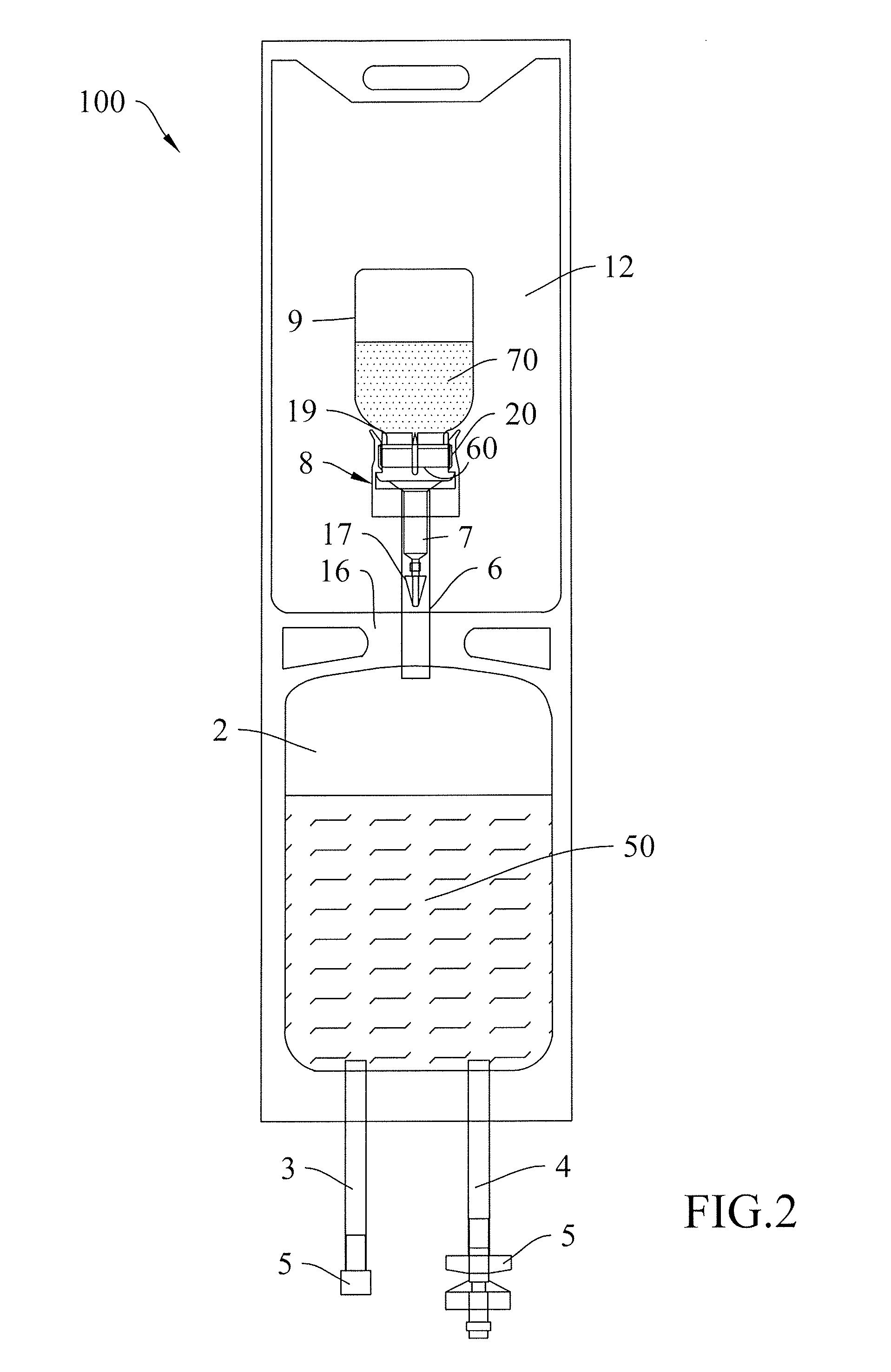 Flexible package with a sealed sterile chamber for the reconsitution and administration of fluid medicinal or nutritional substances instillable into the body of a patient