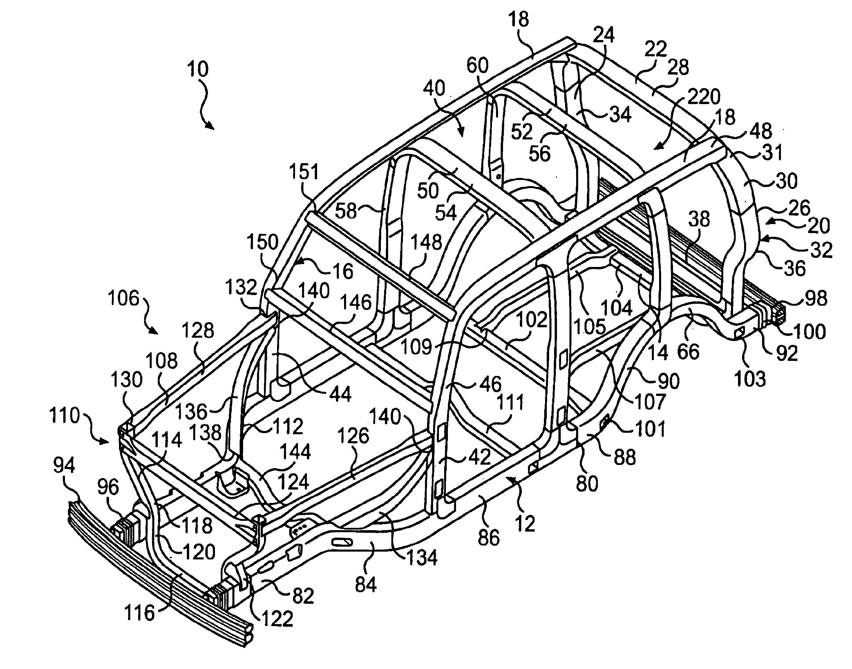 Hydroformed space frame and rearward ring assembly therefor