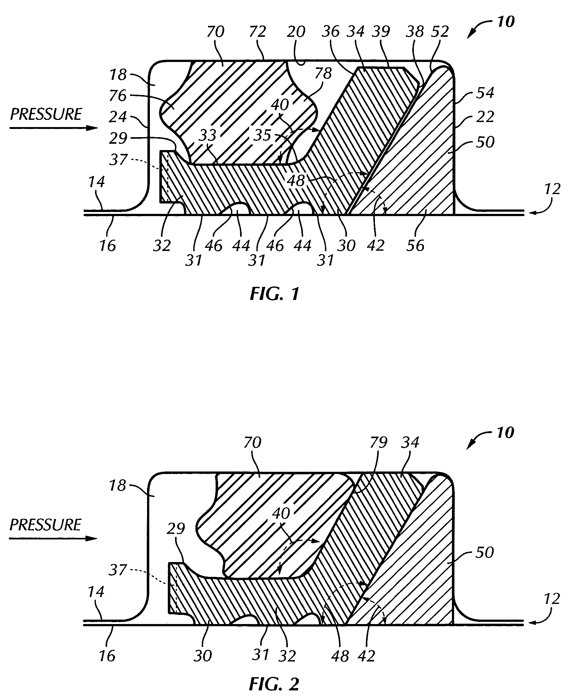 Cammed seal assembly with sealing ring having an angled leg portion and foot portion with elastomeric energizer element