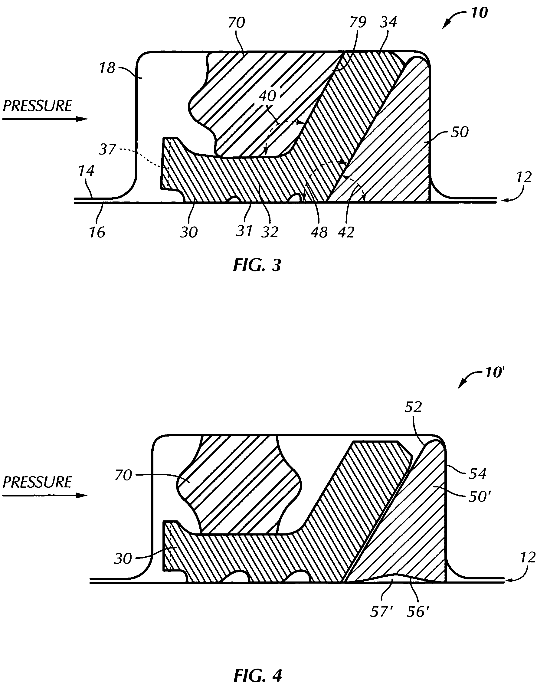 Cammed seal assembly with sealing ring having an angled leg portion and foot portion with elastomeric energizer element
