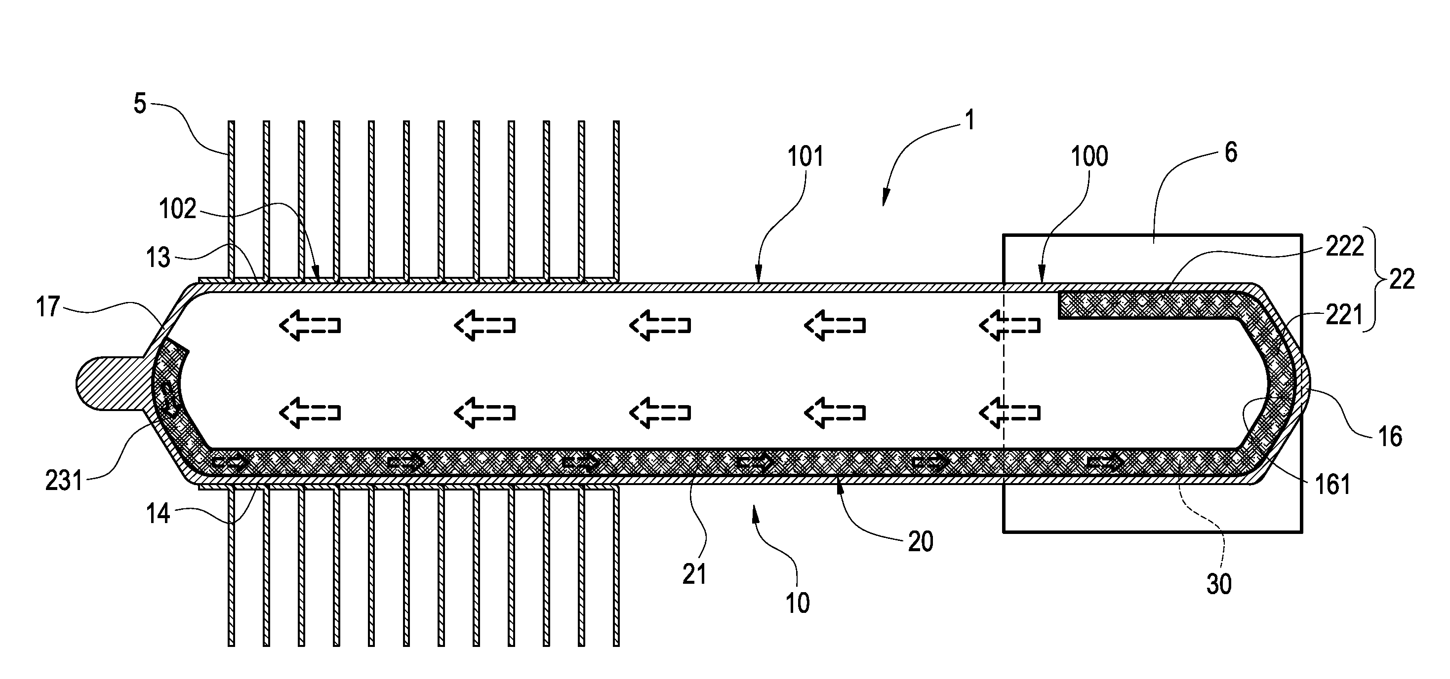 Flat heat pipe with hook capillary tissue
