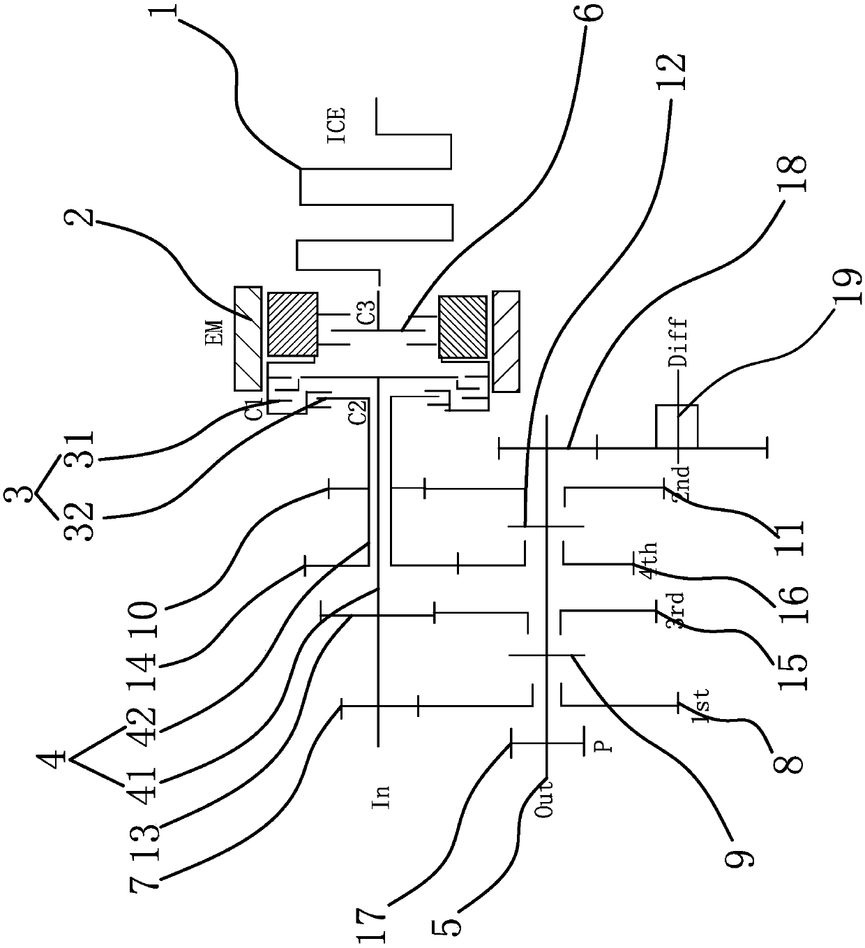 Transmission system of gearbox of hybrid electric vehicle