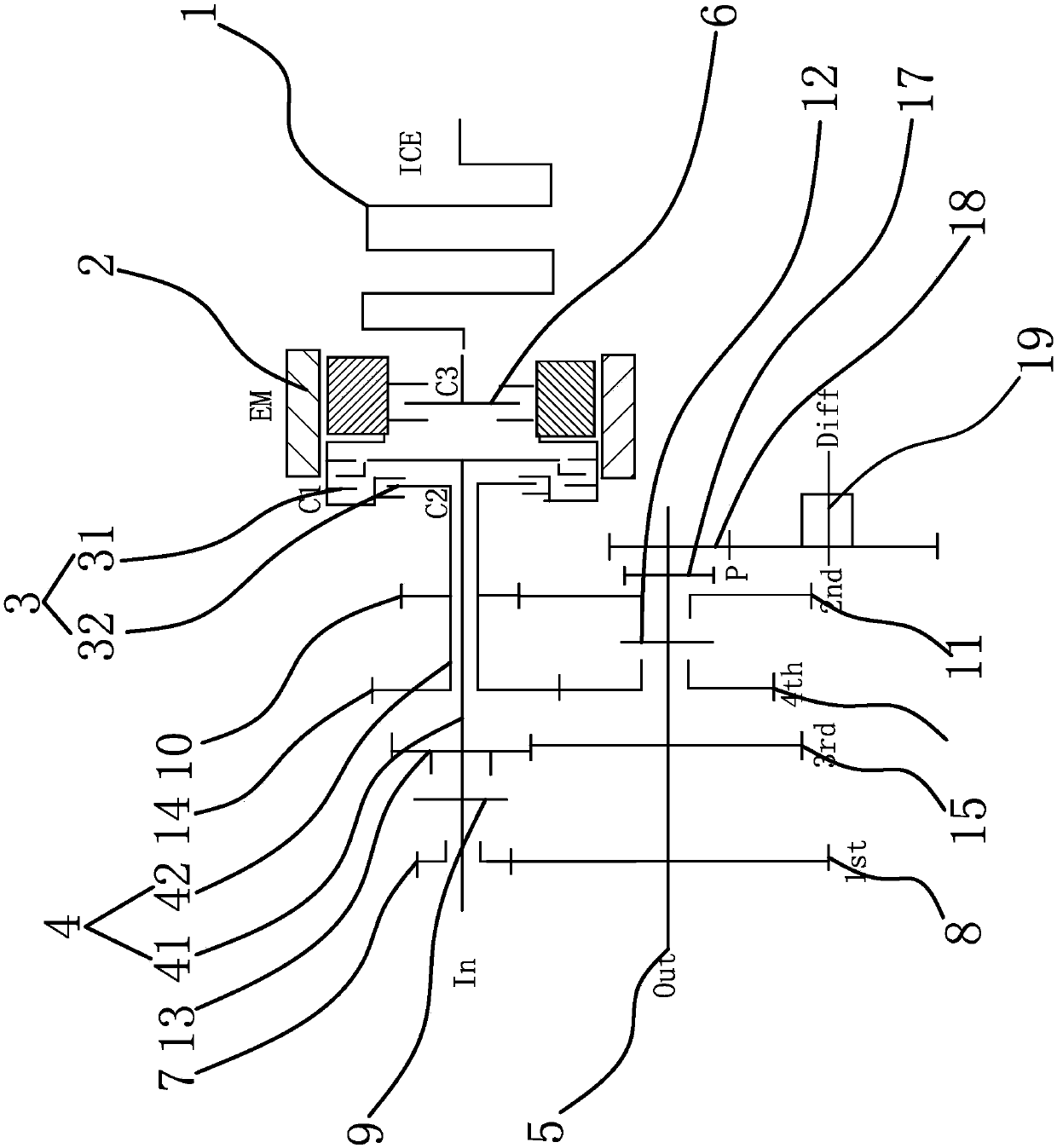 Transmission system of gearbox of hybrid electric vehicle