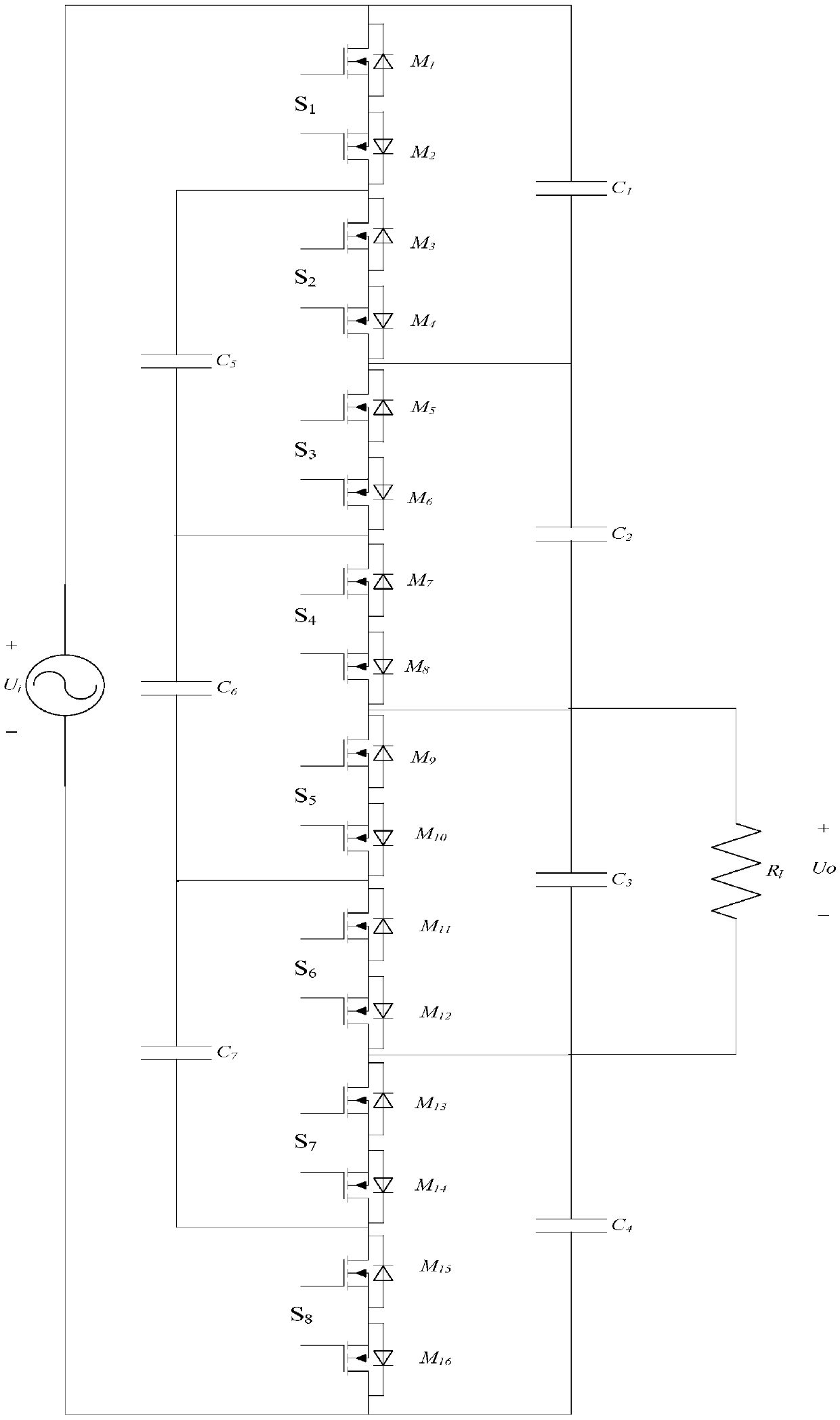 Switching switched capacitor ac-ac converter with fixed ratio 1/4 or 4