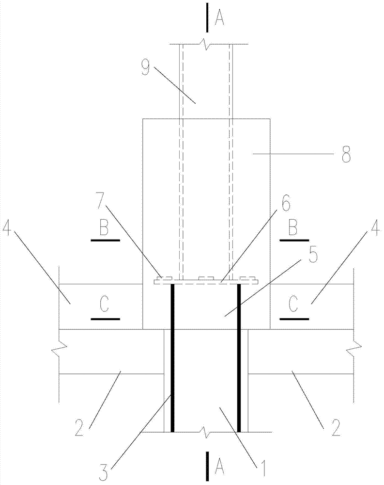 Layer added steel framework column base node on top of multi-layer concrete framework structure and construction method thereof