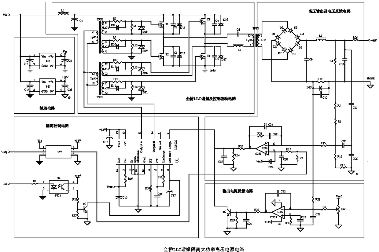 A full-bridge llc resonant isolation high-power high-voltage power supply circuit