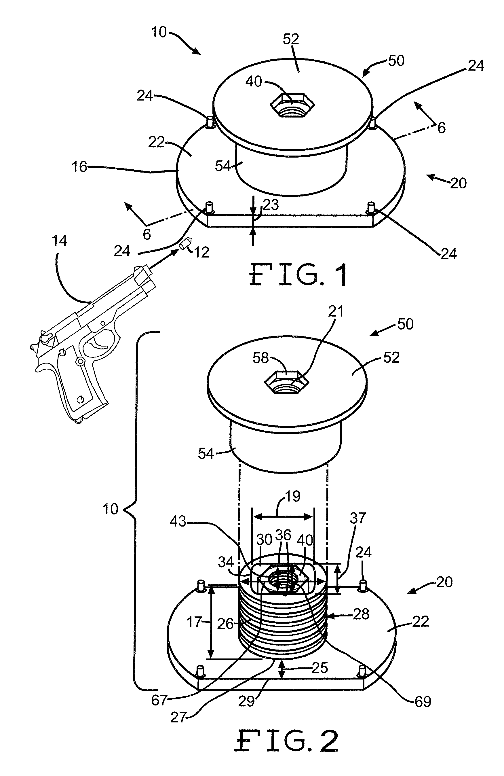 Ballistic resistant through insert with floating capability for stopping a ballistic projectile