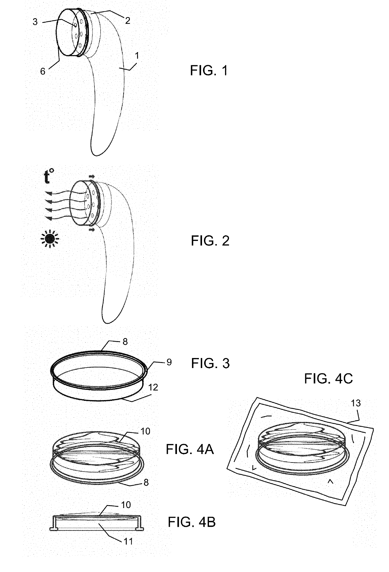 Disposable product cap and assembly having a manually usable thermo-optical device for skin care