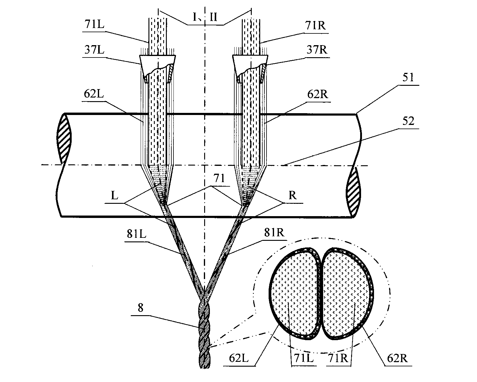 Symmetrical beam-splitting filament-spreading double-lower support 2*2 shafting composite yarn, spinning method and application