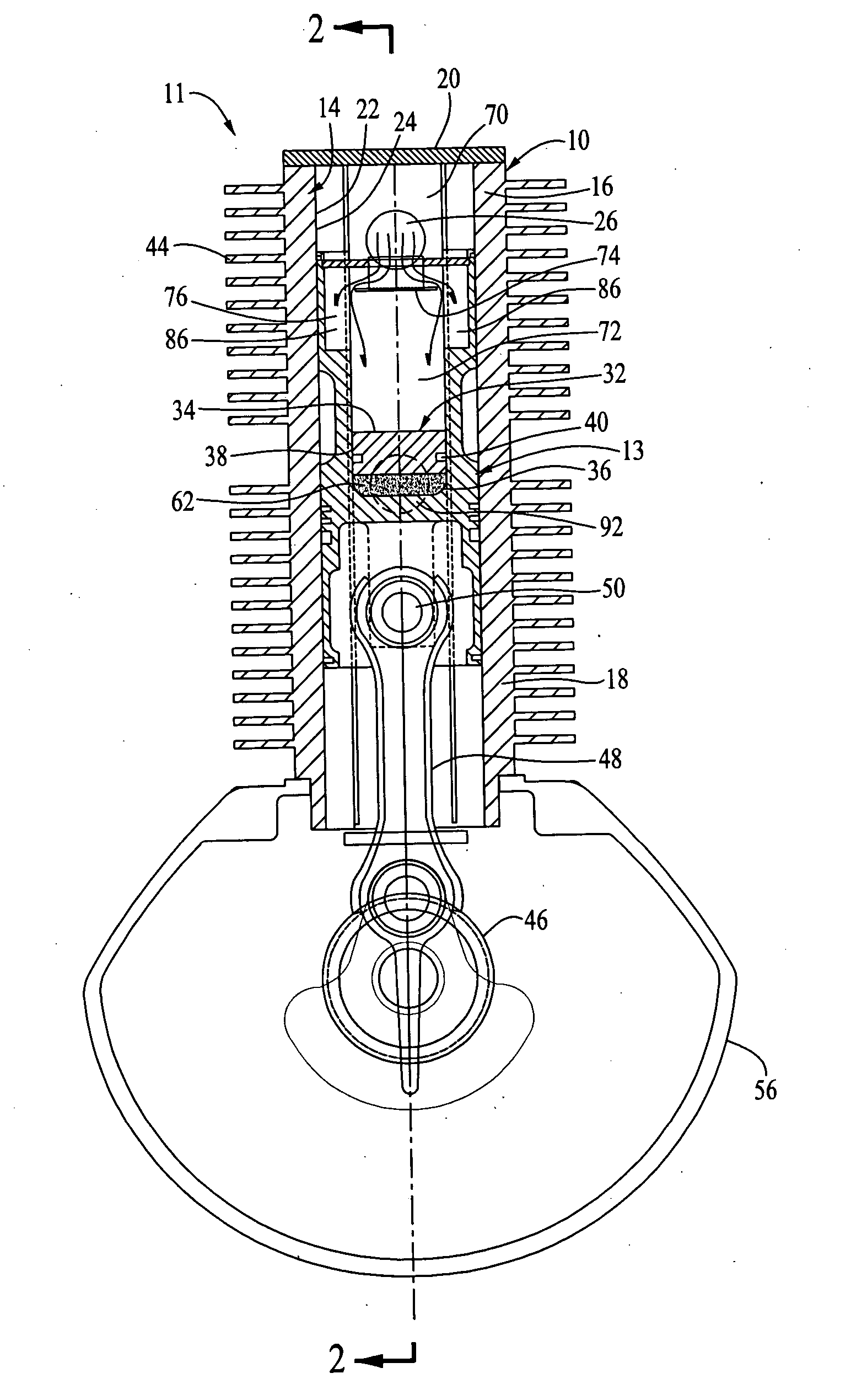 Supercharged two-stroke engine with upper piston extensions