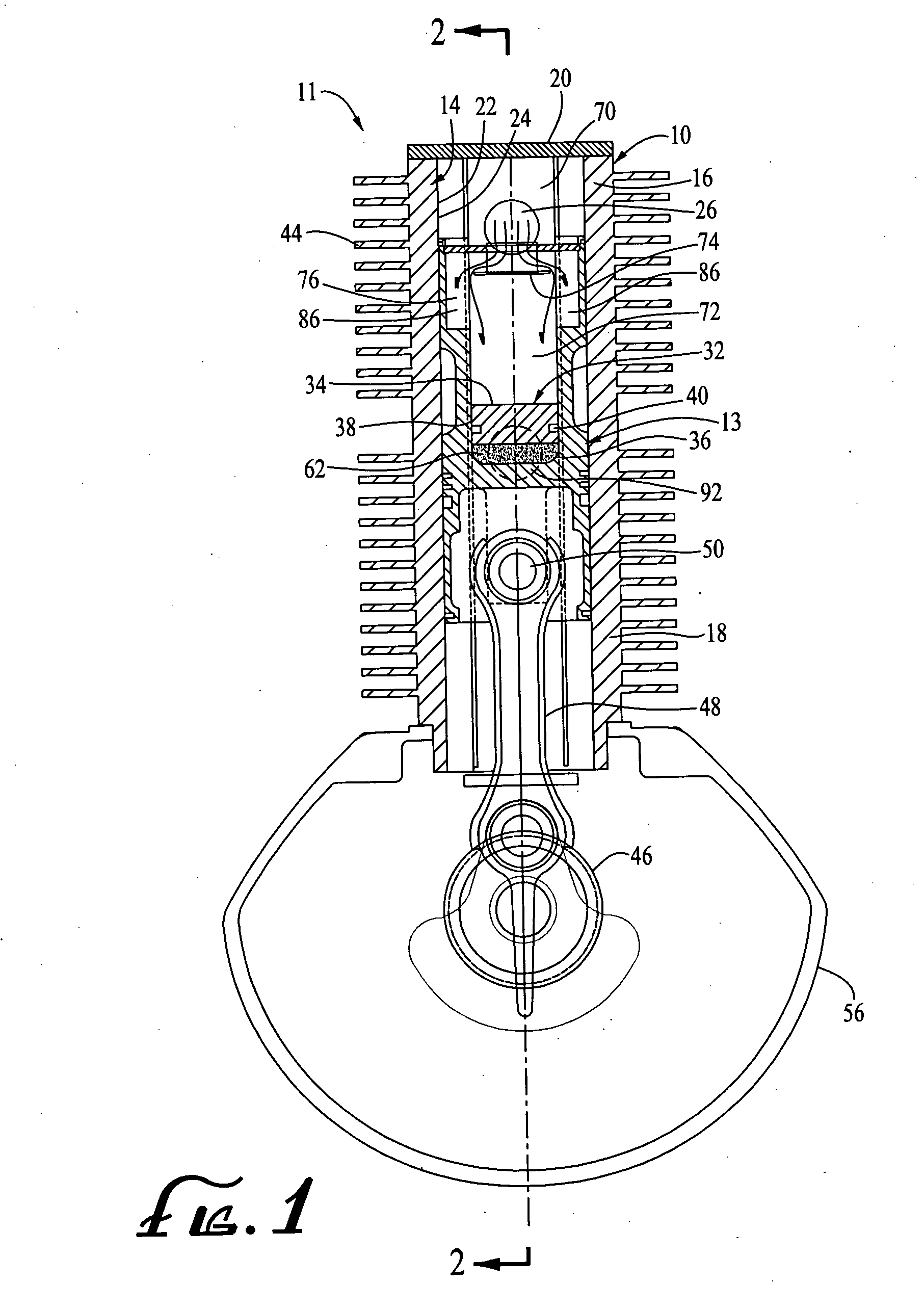 Supercharged two-stroke engine with upper piston extensions