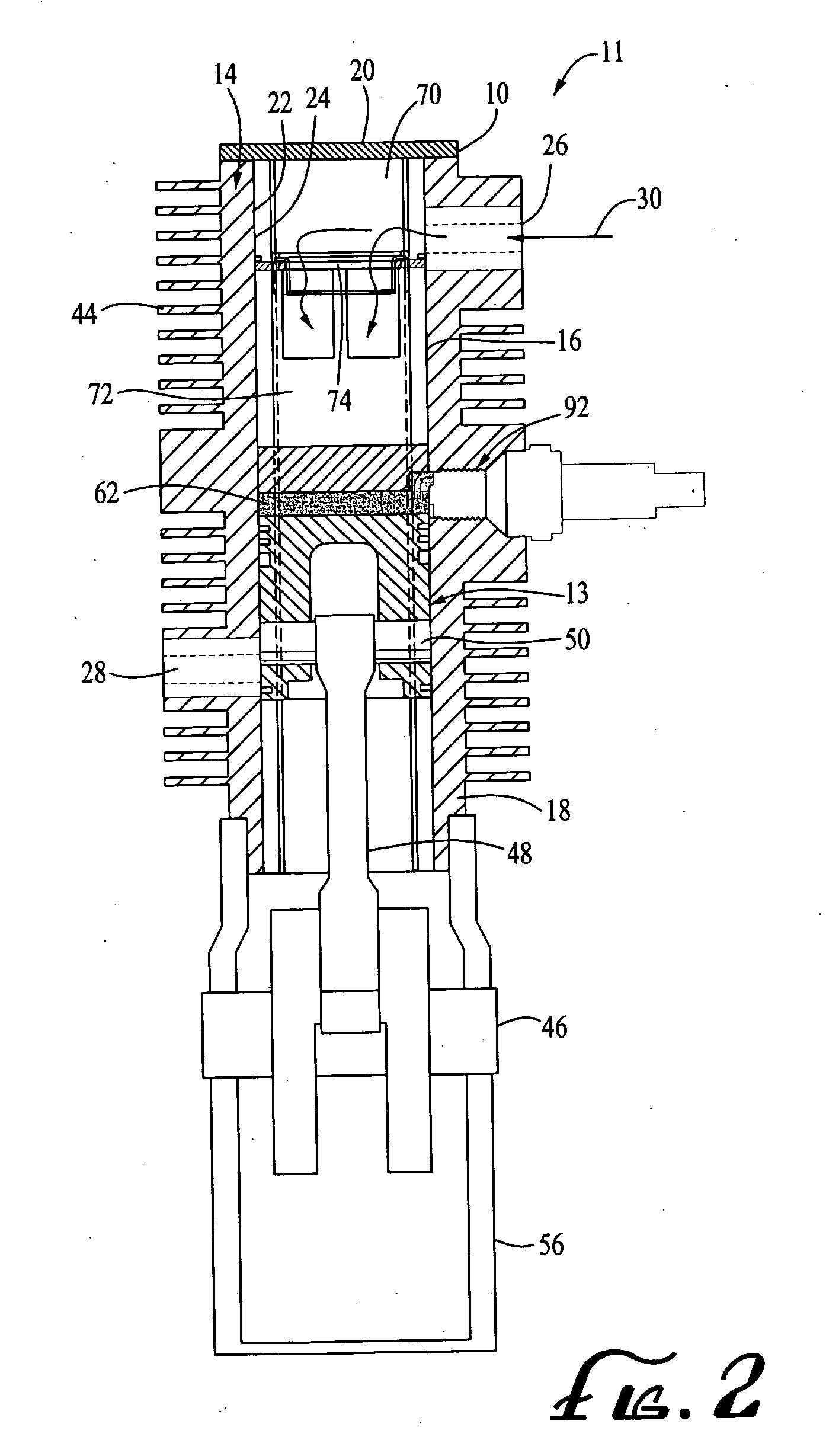 Supercharged two-stroke engine with upper piston extensions